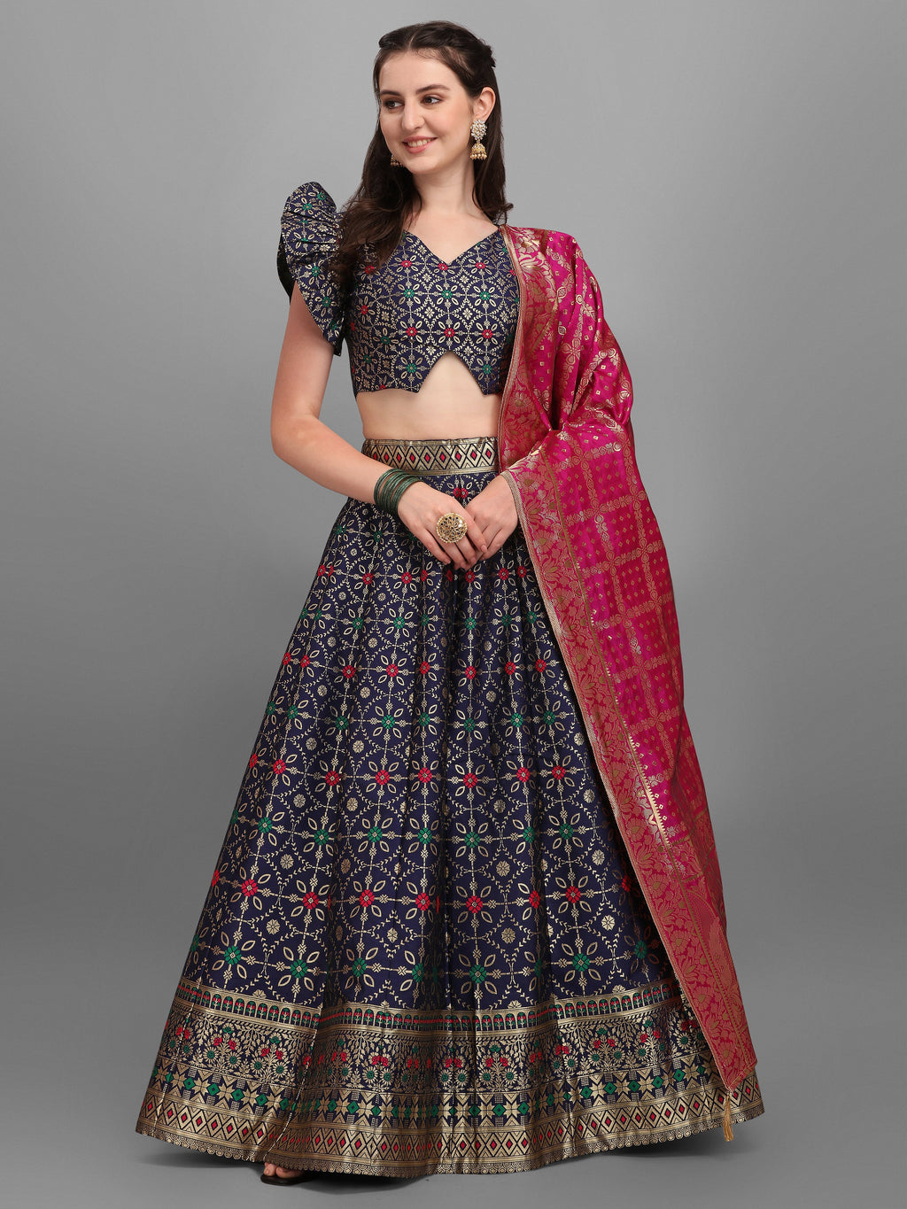 Women Jacquard Blue Printed Lehenga Choli