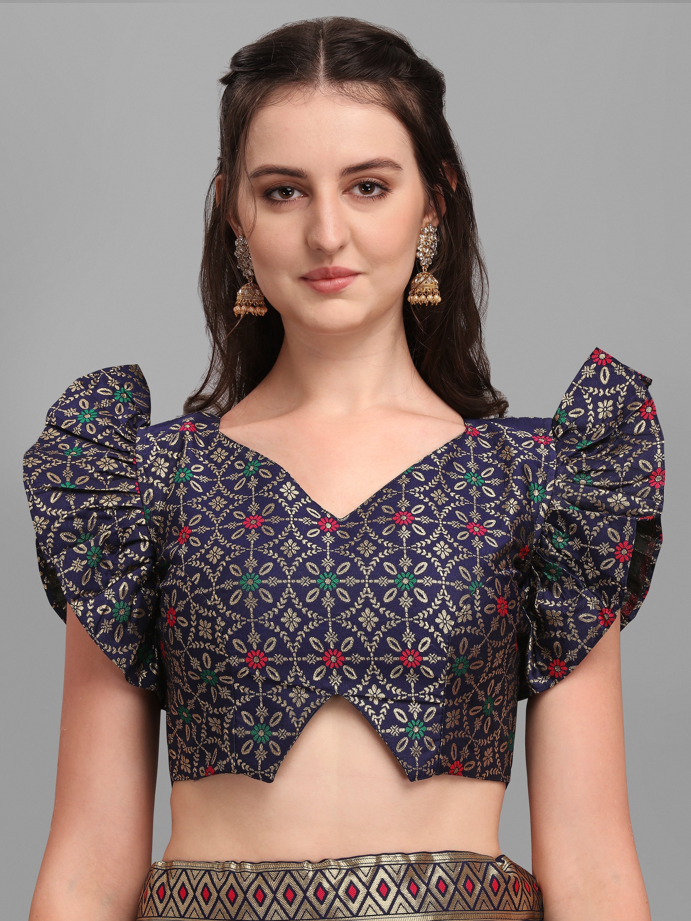 Women Jacquard Blue Printed Lehenga Choli