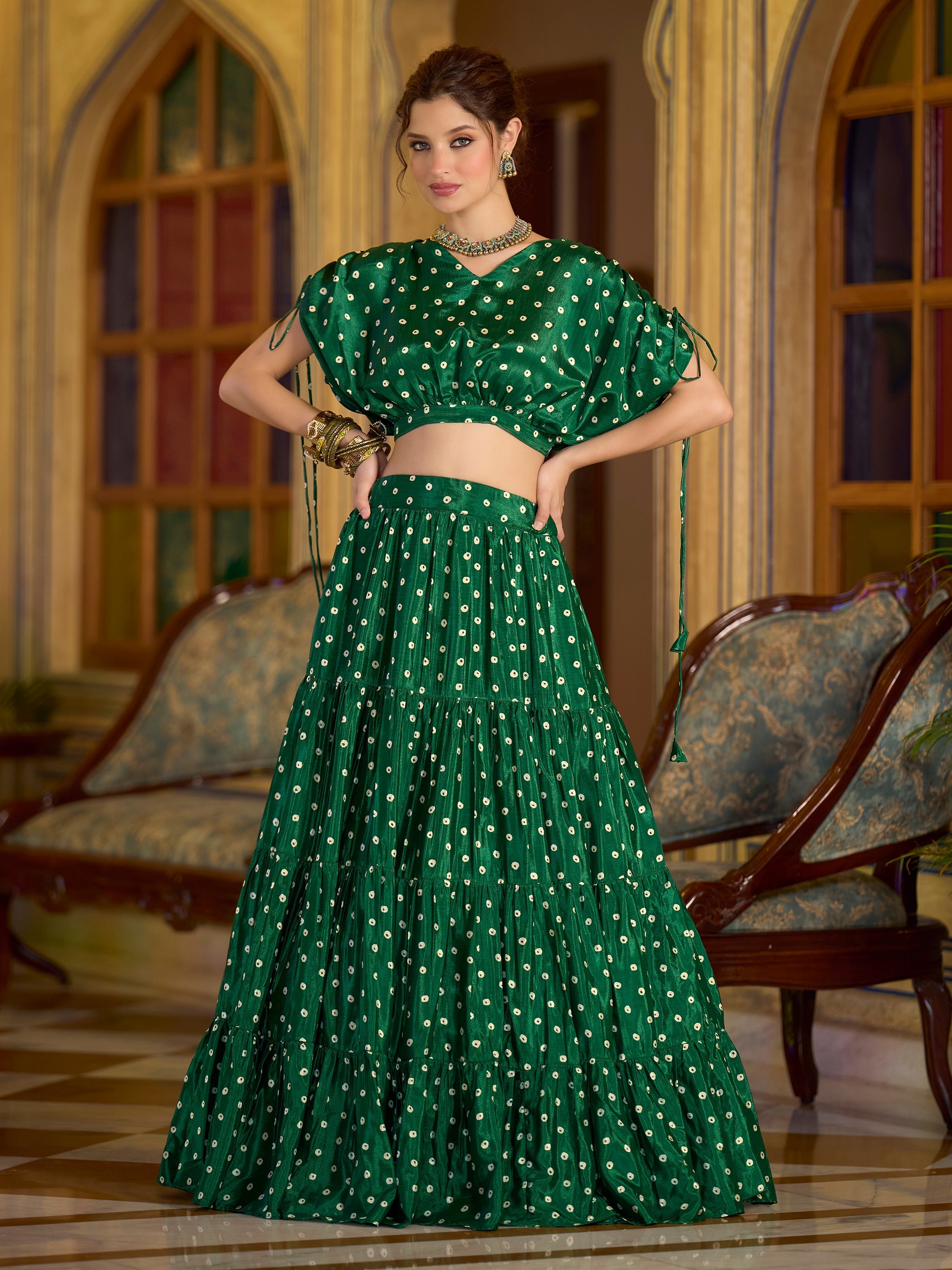Women's Green Chinon Lehengas