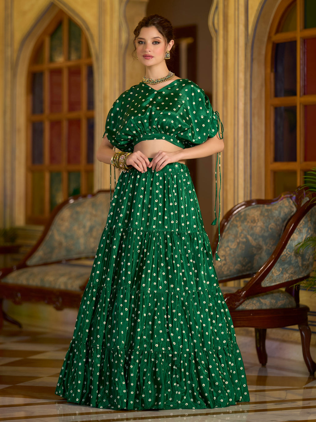 Women's Green Chinon Lehengas
