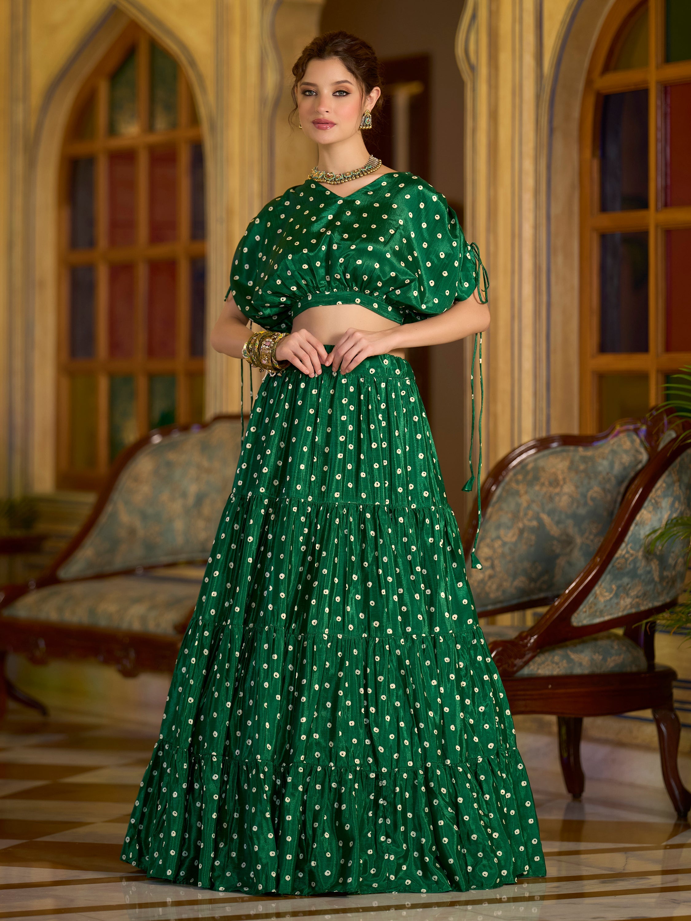 Women's Green Chinon Lehengas