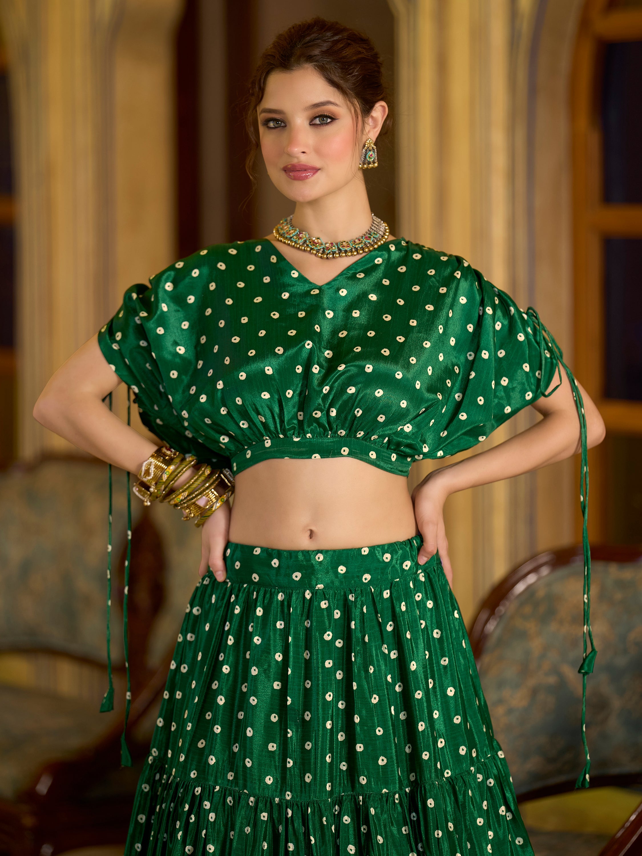 Women's Green Chinon Lehengas