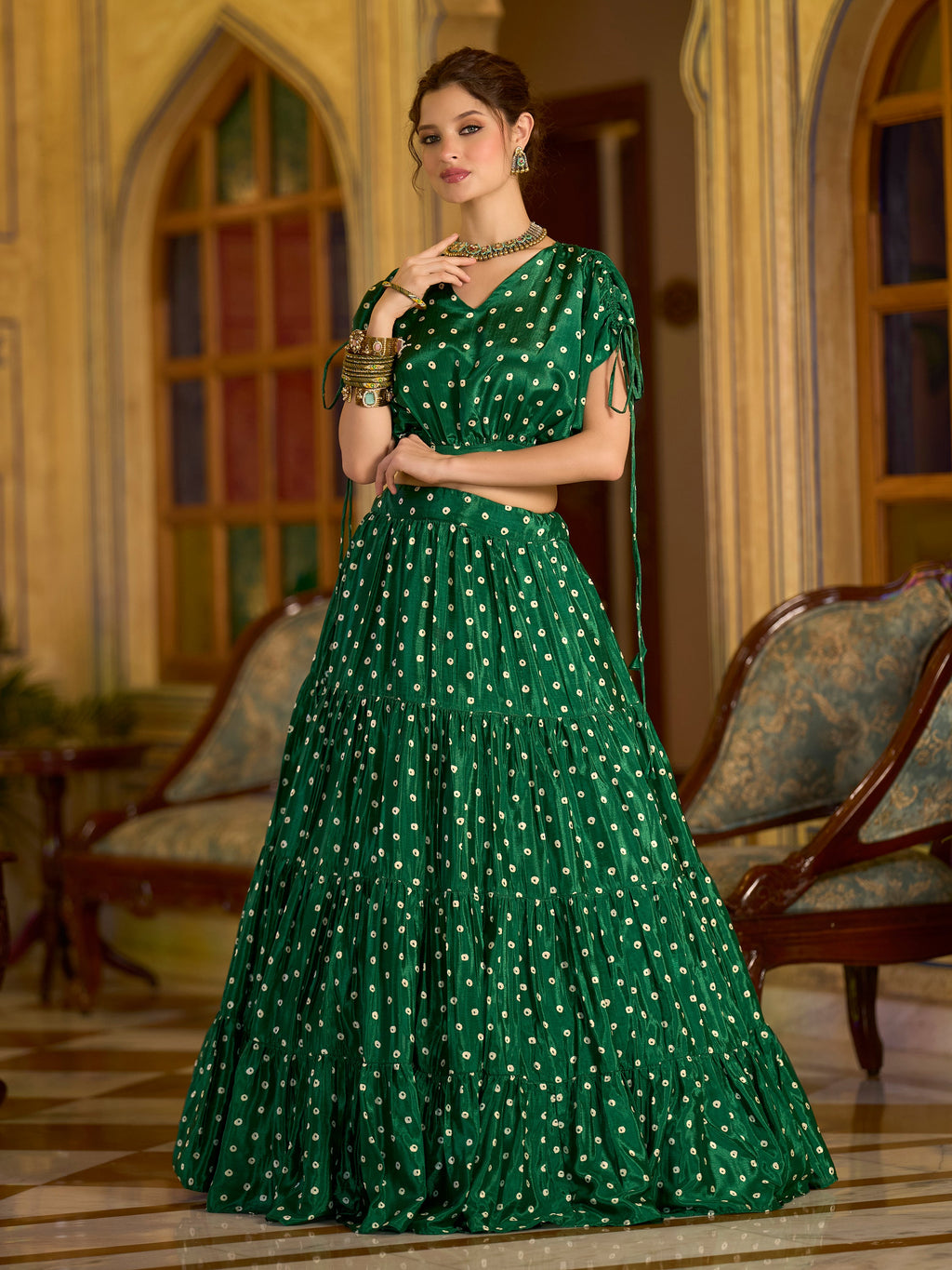 Women's Green Chinon Lehengas