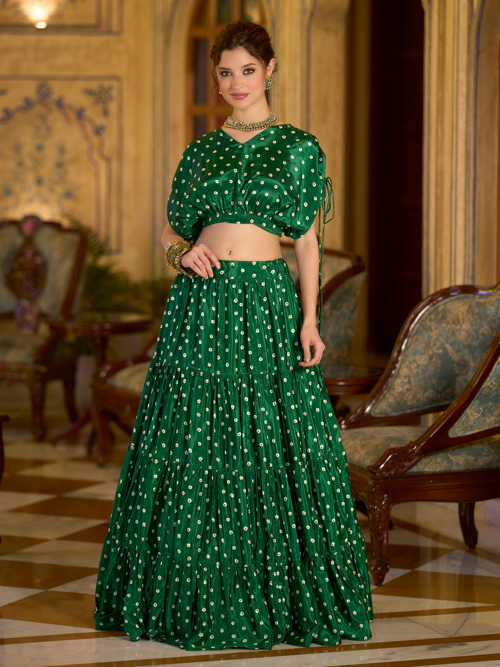 Women's Green Chinon Lehengas