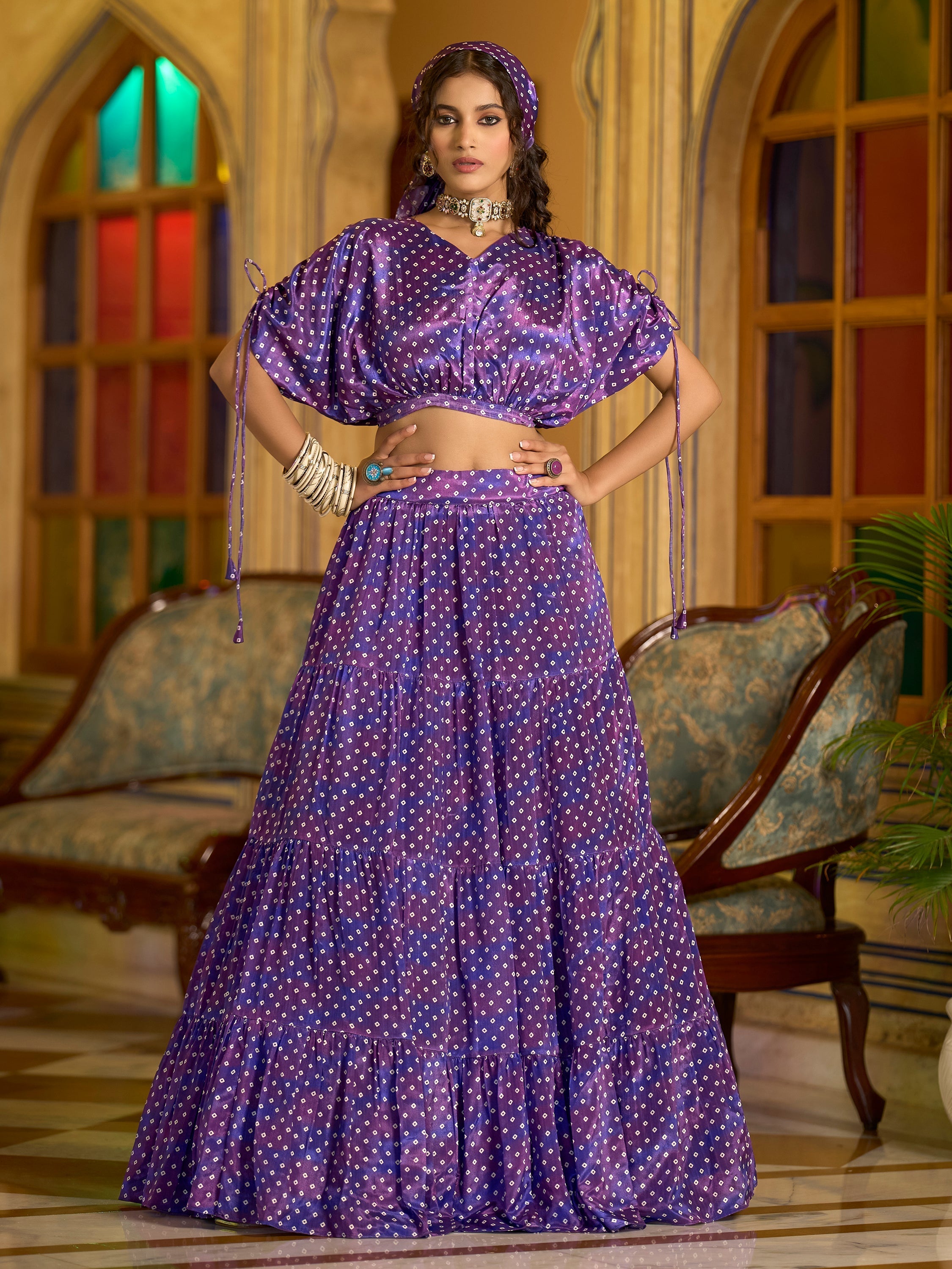 Women's Purple Chinon Lehengas