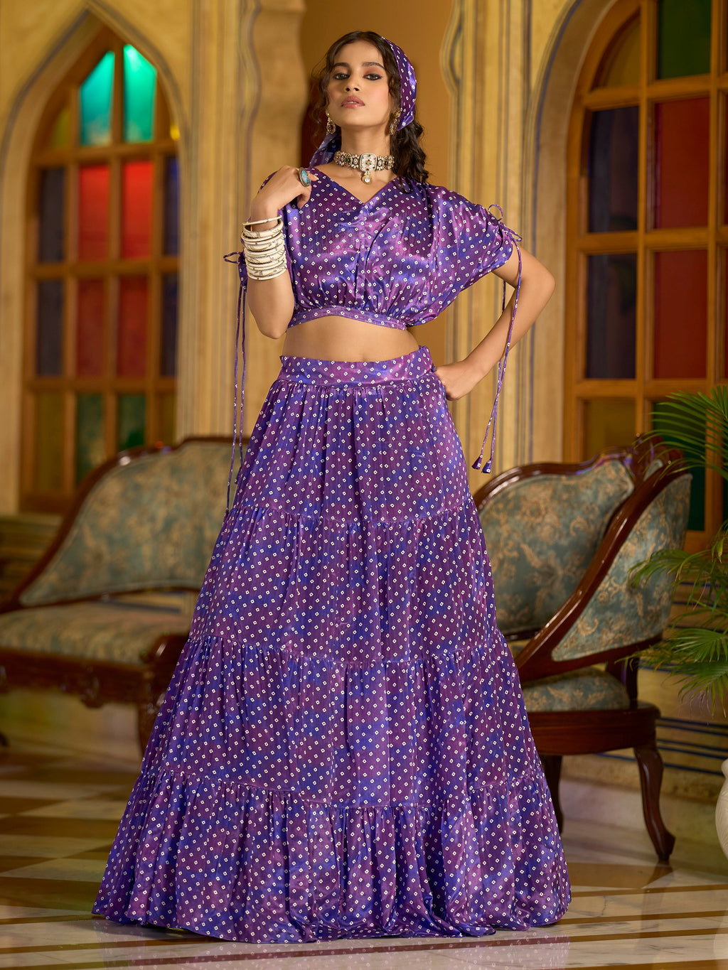 Women's Purple Chinon Lehengas