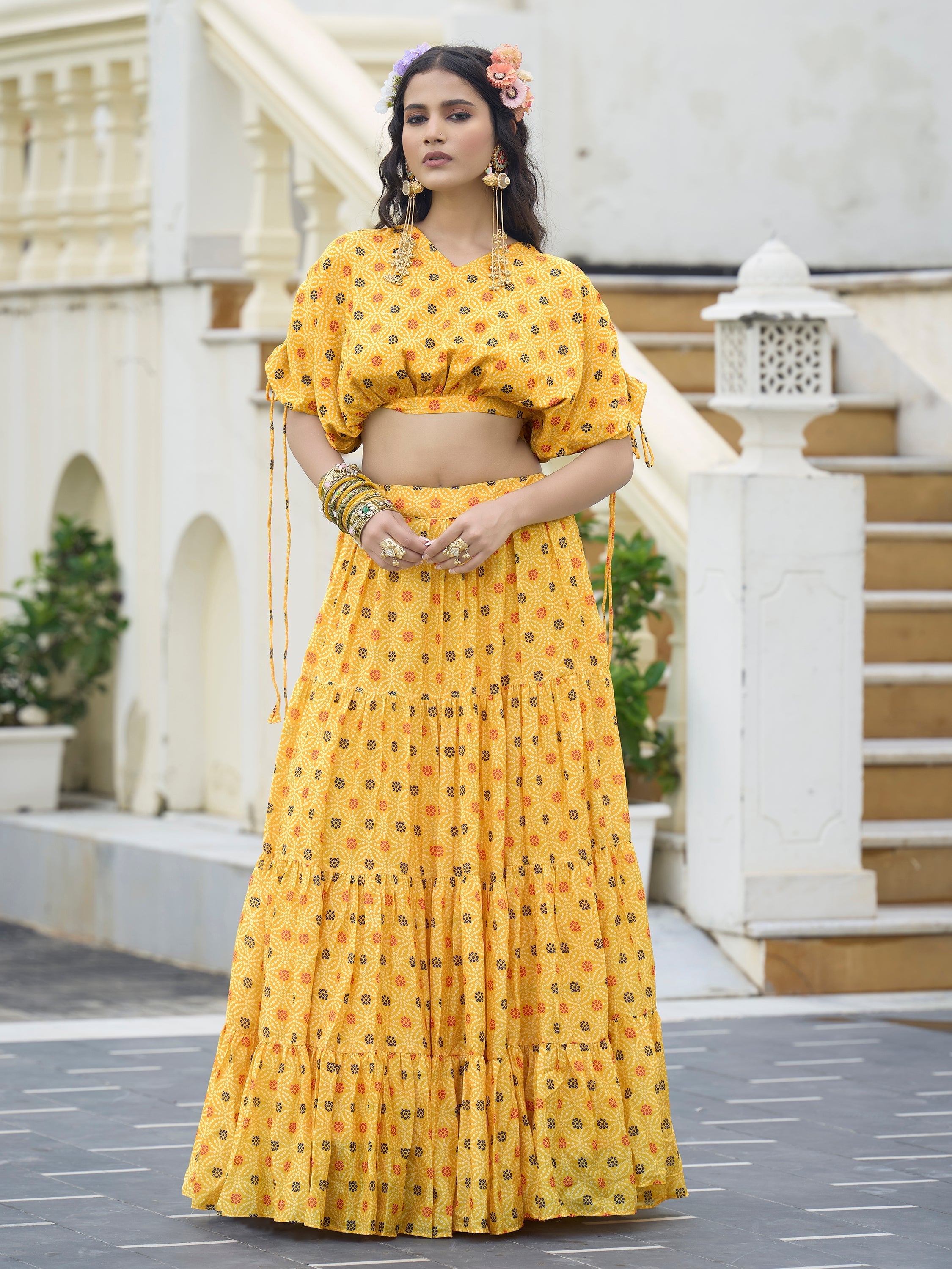 Women's Yellow Chinon Lehengas