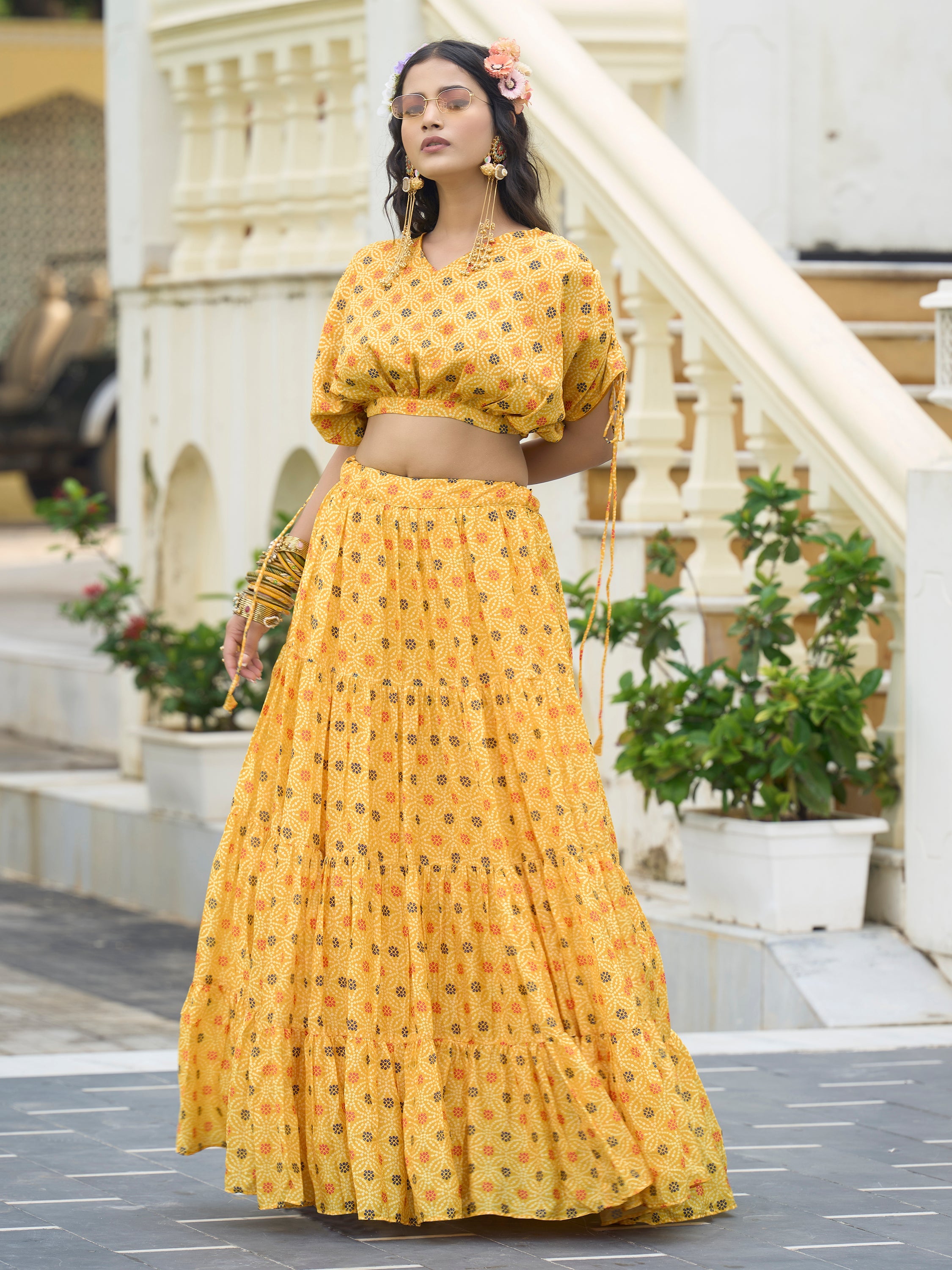 Women's Yellow Chinon Lehengas