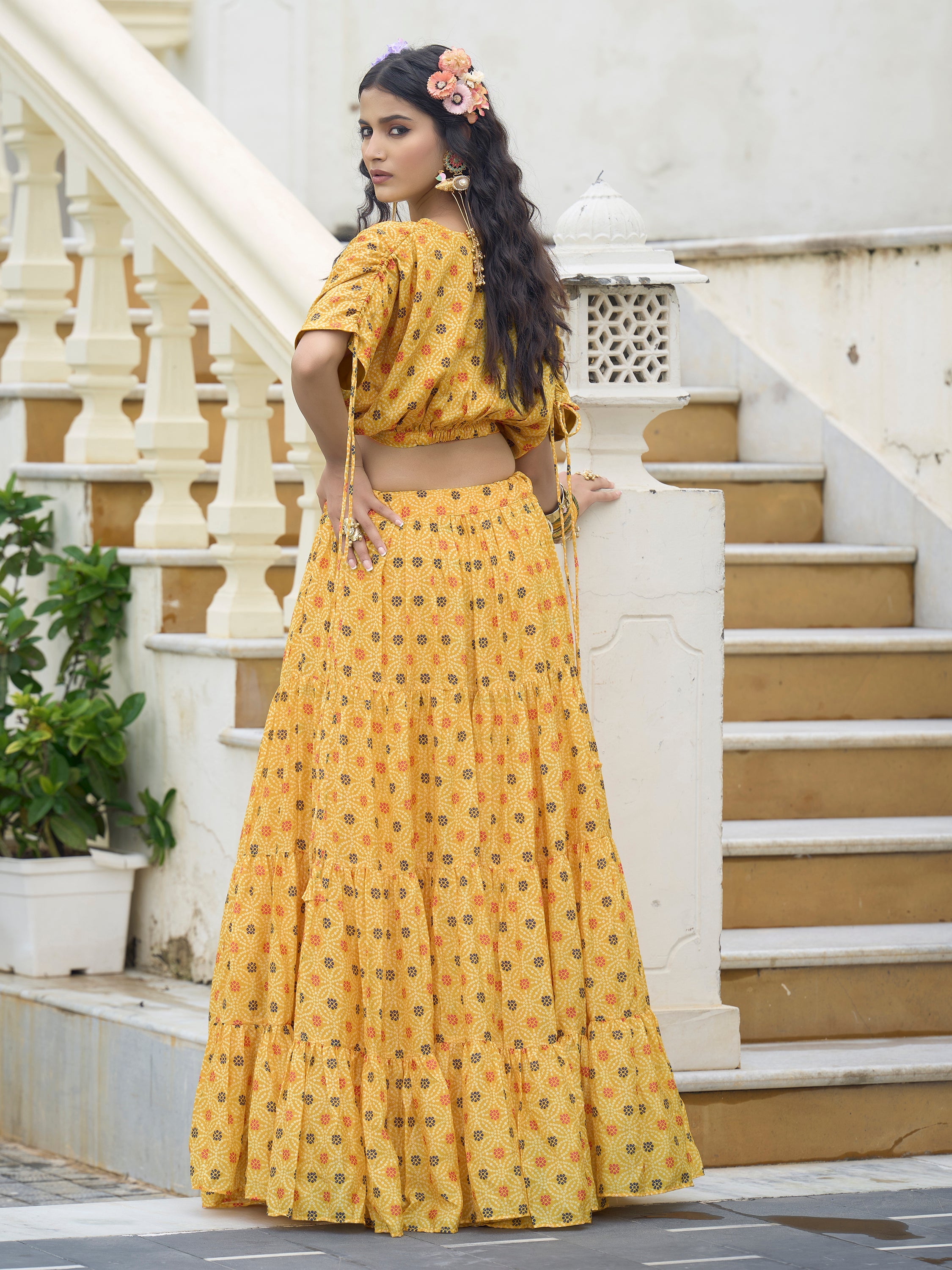 Women's Yellow Chinon Lehengas