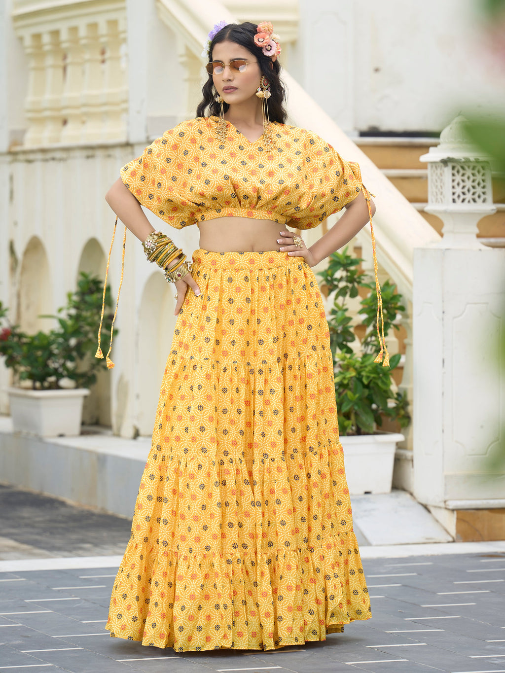 Women's Yellow Chinon Lehengas