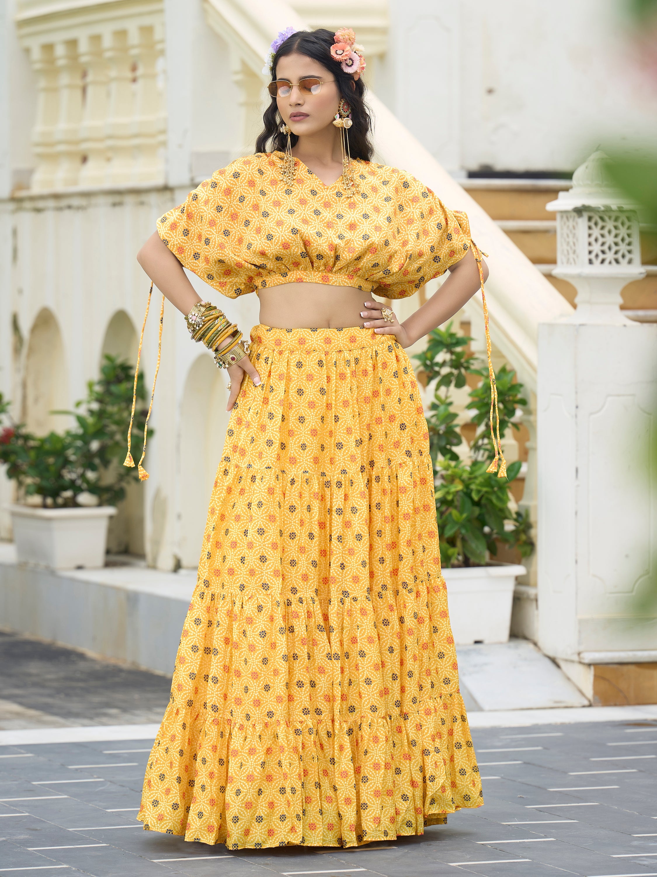 Women's Yellow Chinon Lehengas