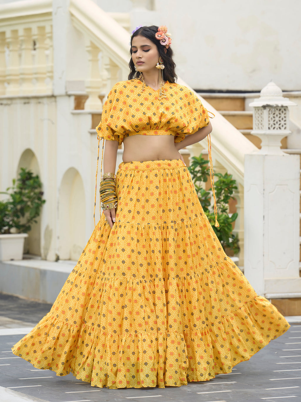 Women's Yellow Chinon Lehengas