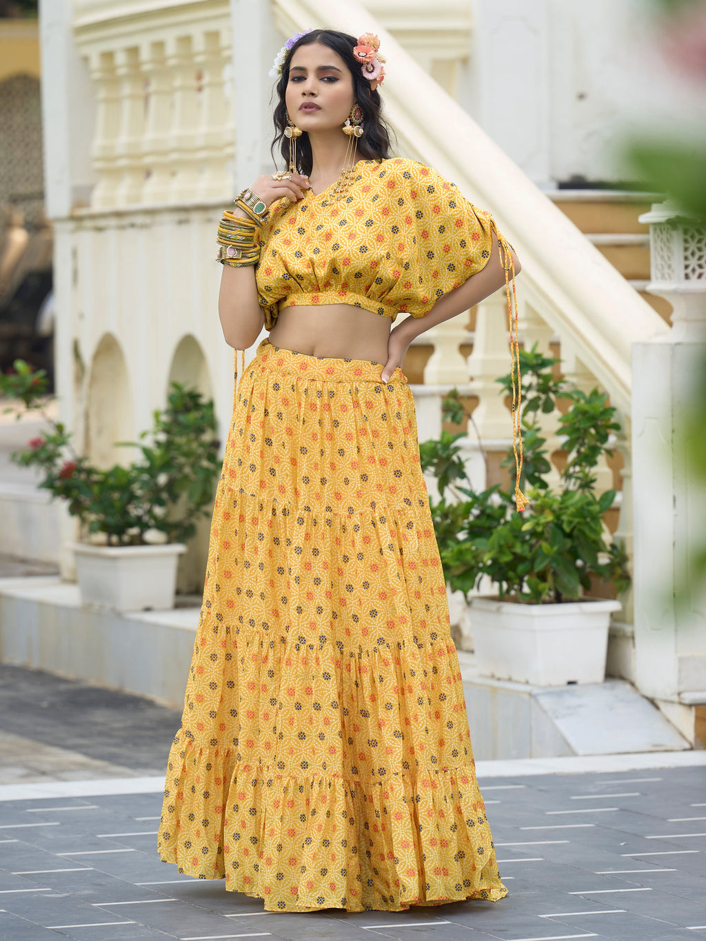 Women's Yellow Chinon Lehengas