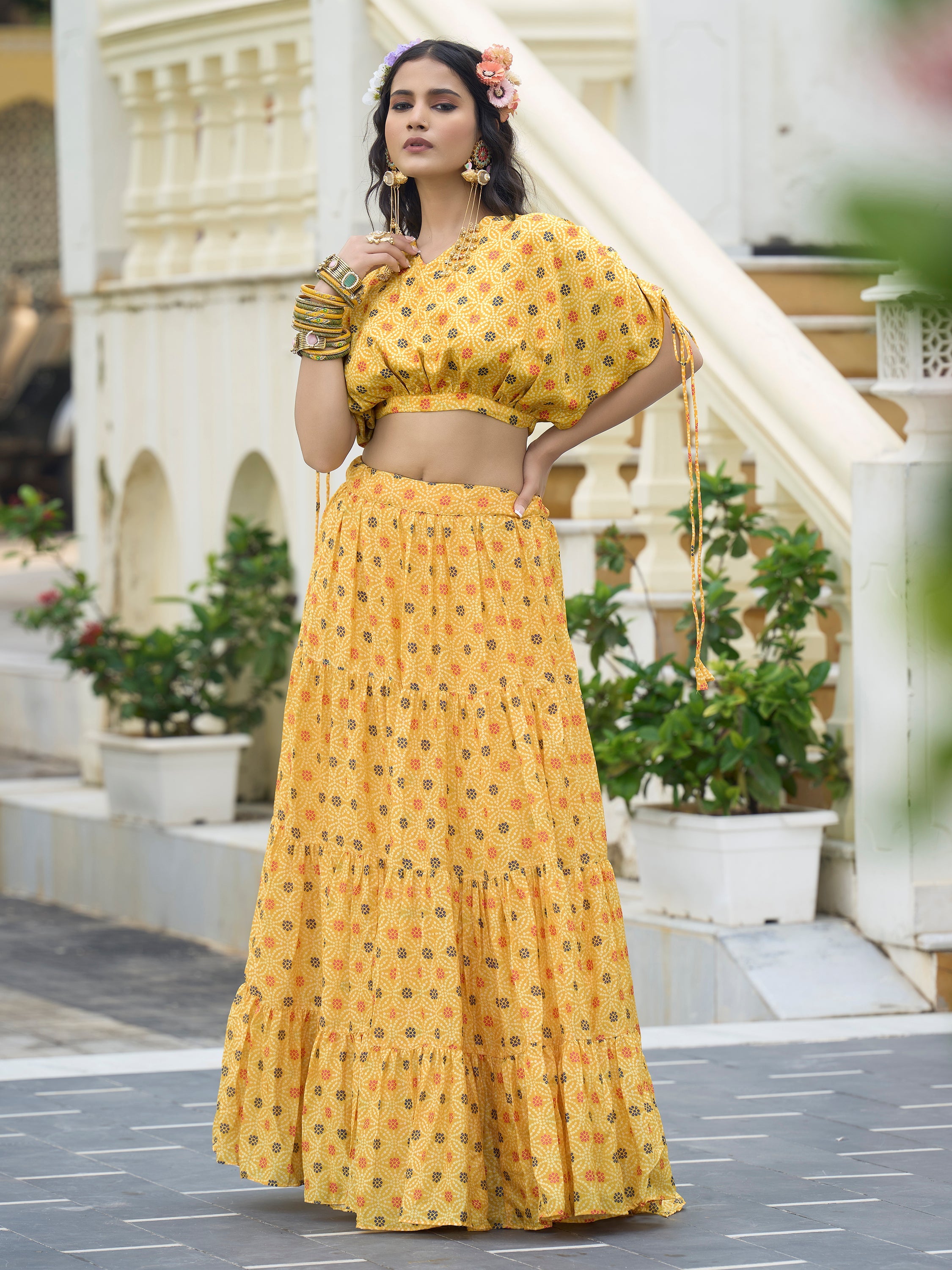 Women's Yellow Chinon Lehengas
