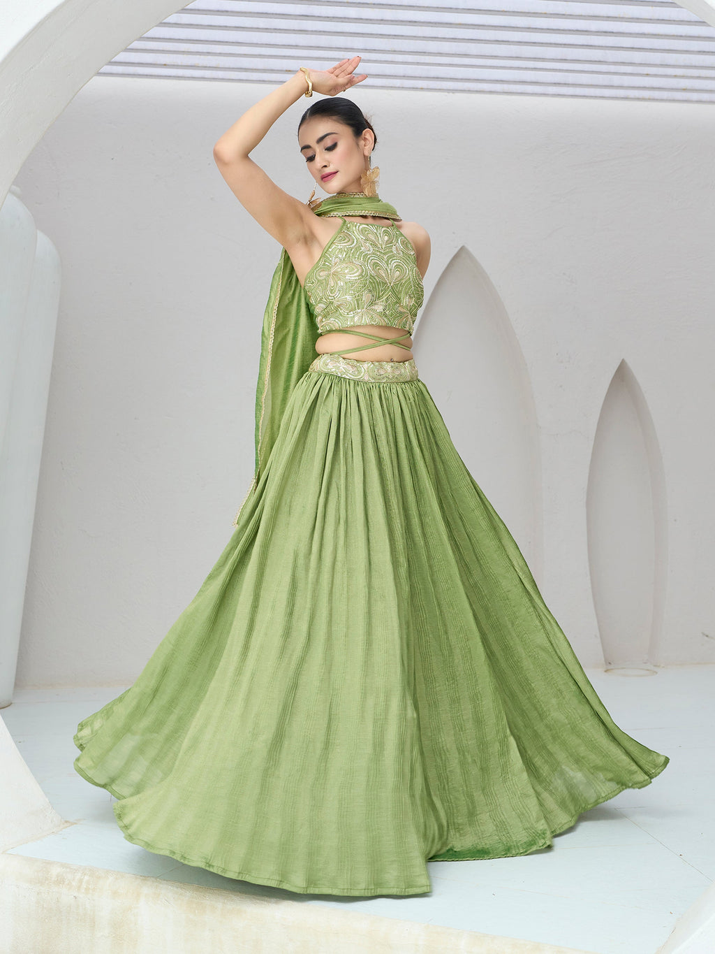 Women's Lime Silk Crape Lehengas