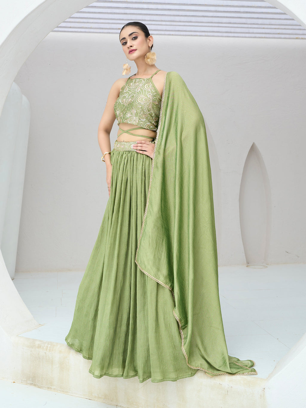 Women's Lime Silk Crape Lehengas