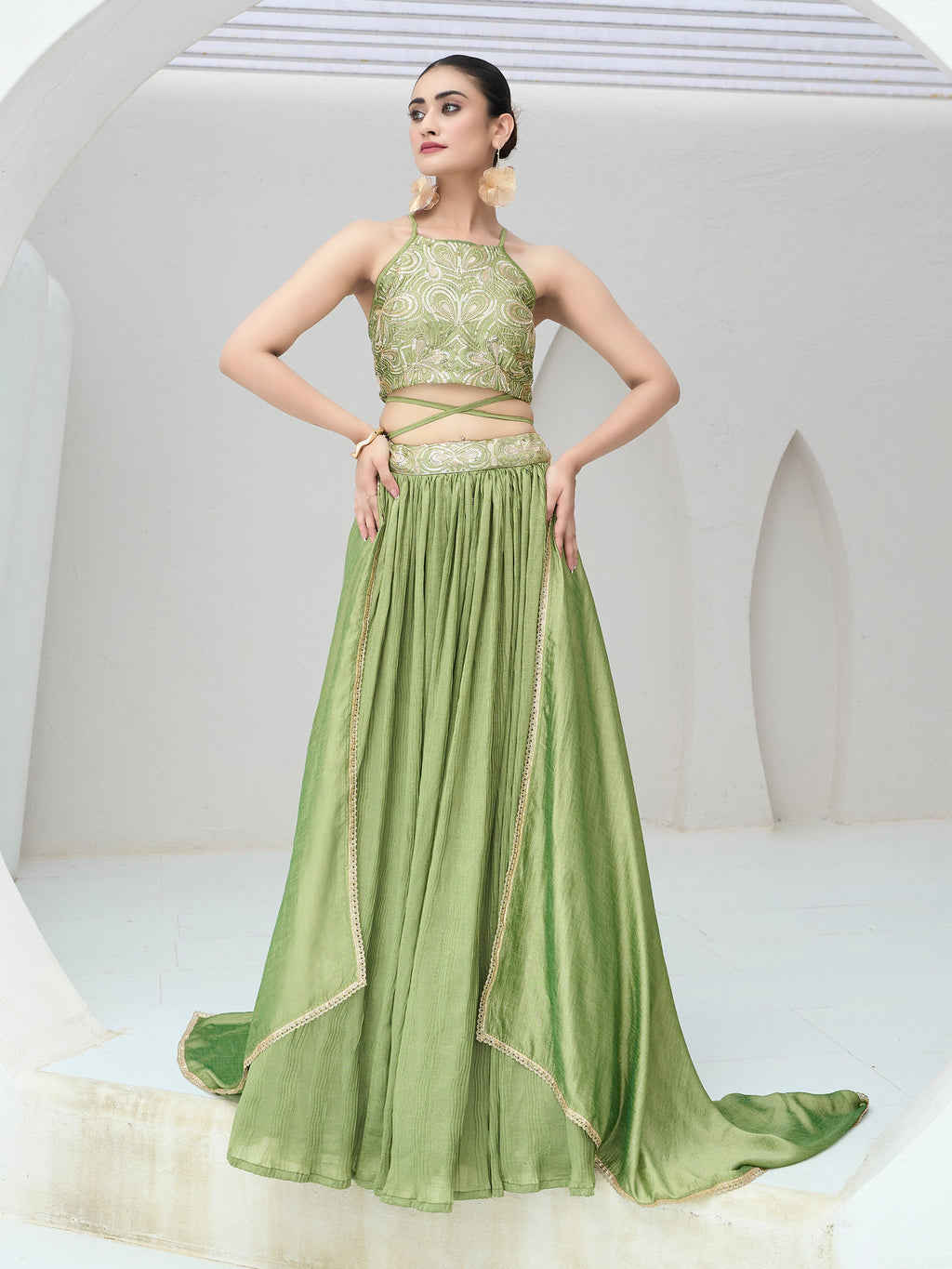 Women's Lime Silk Crape Lehengas