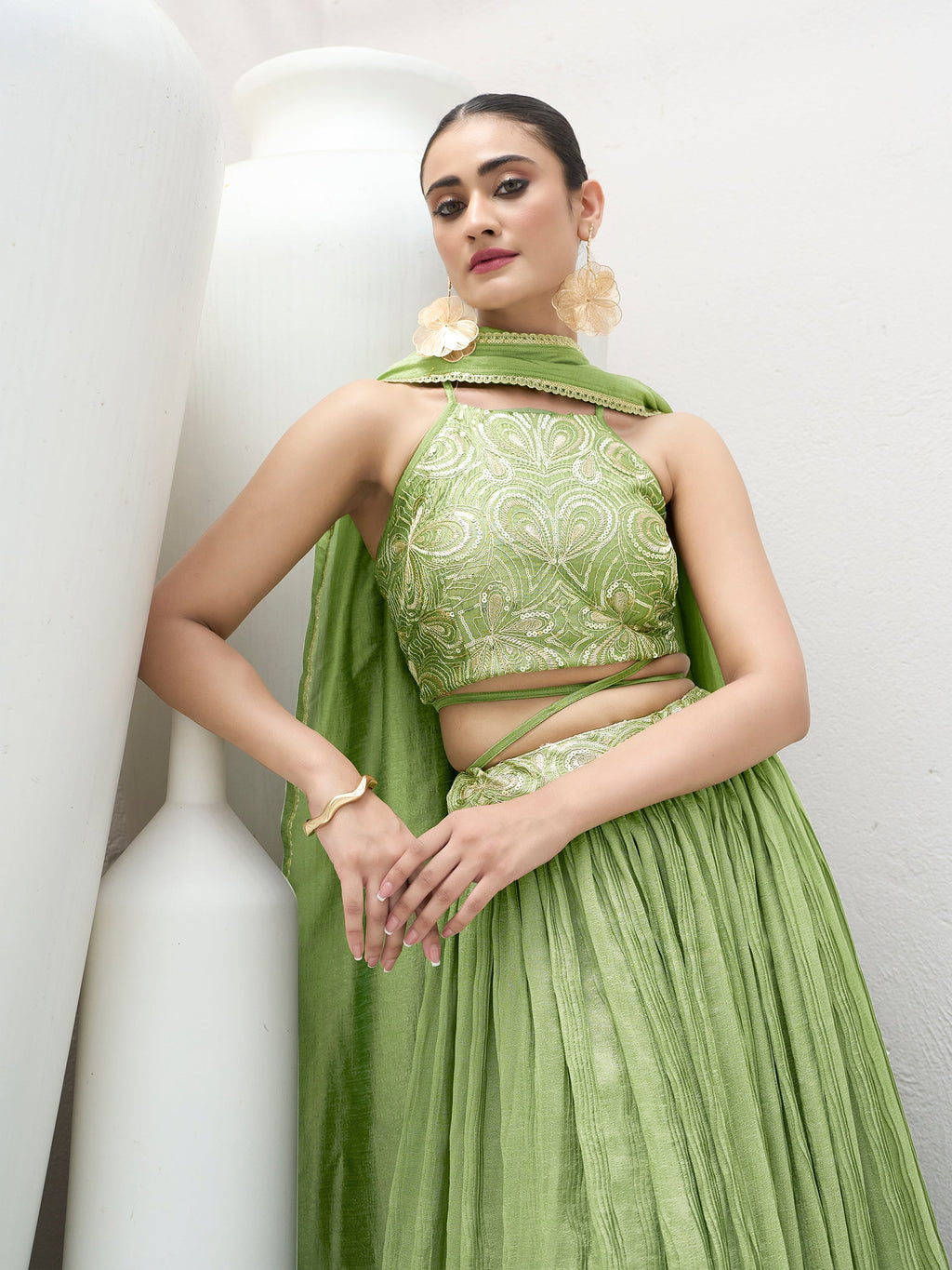 Women's Lime Silk Crape Lehengas
