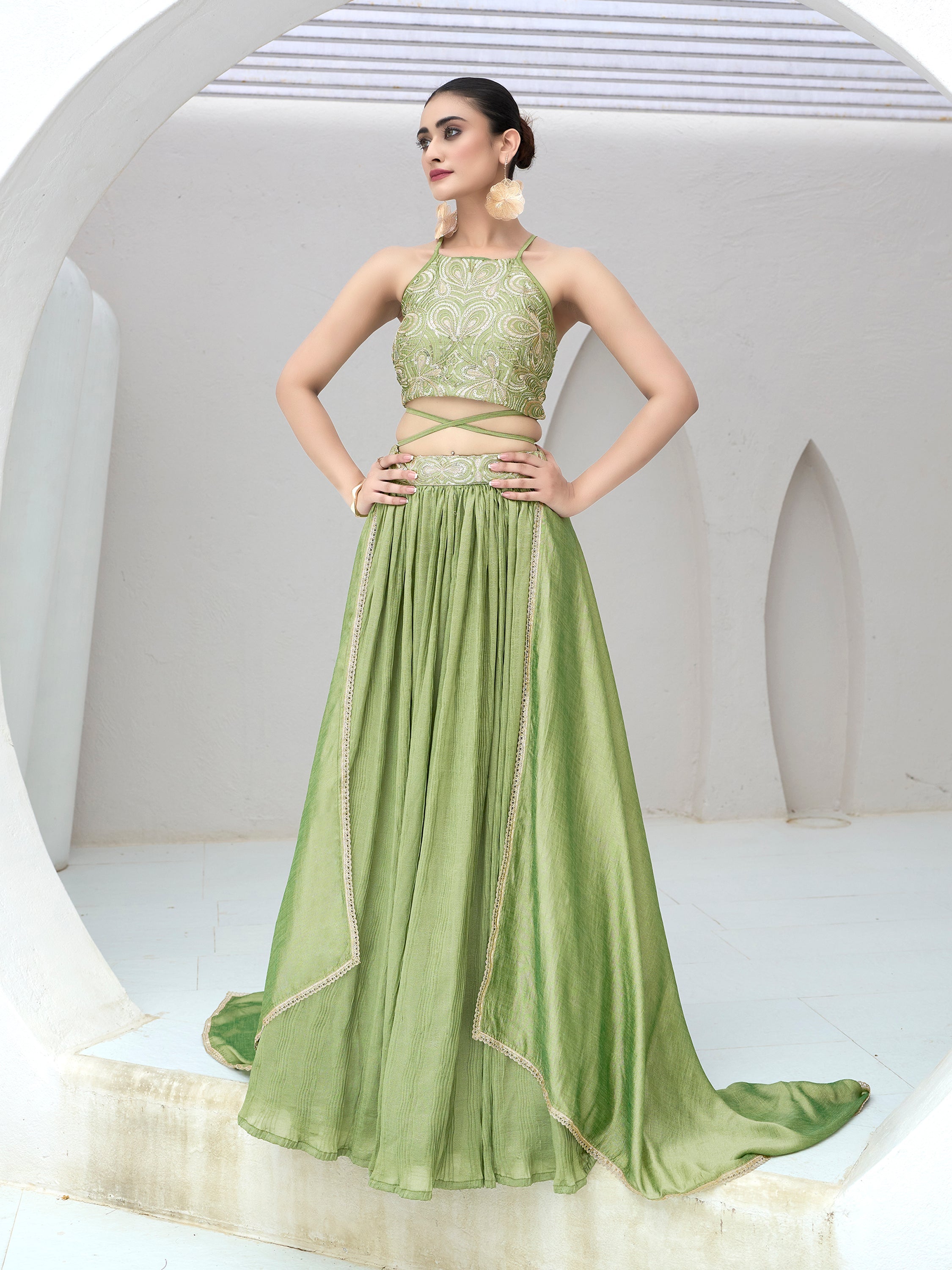 Women's Lime Silk Crape Lehengas