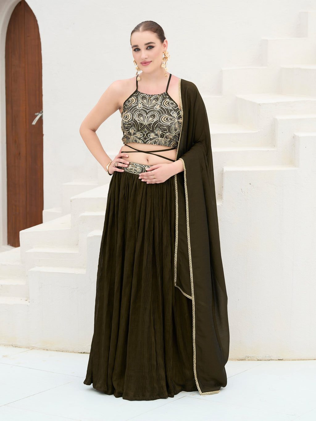 Women's Olive Silk Crape Lehengas