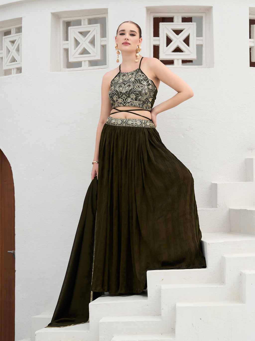 Women's Olive Silk Crape Lehengas