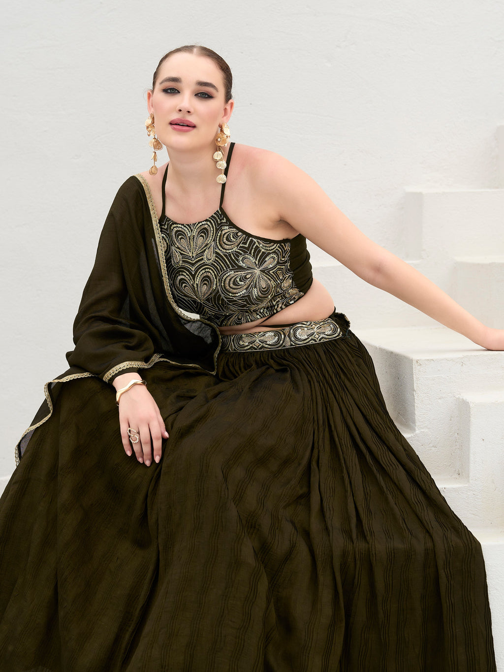 Women's Olive Silk Crape Lehengas