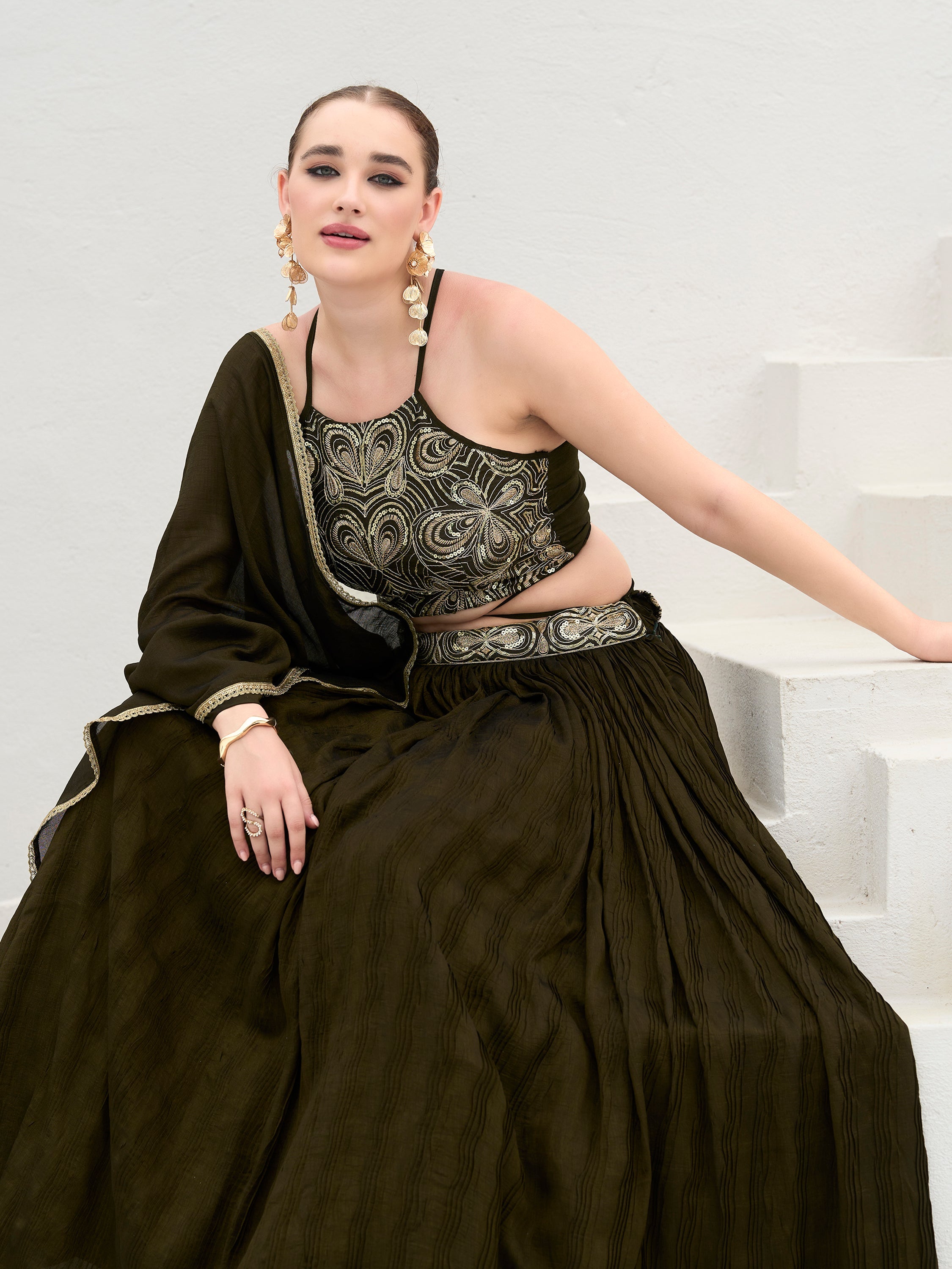 Women's Olive Silk Crape Lehengas