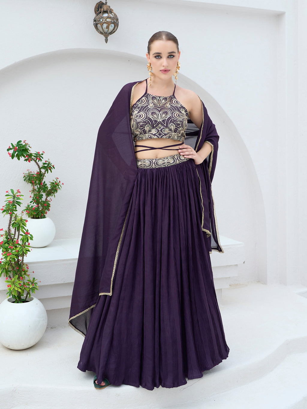 Women's Wine Silk Crape Lehengas