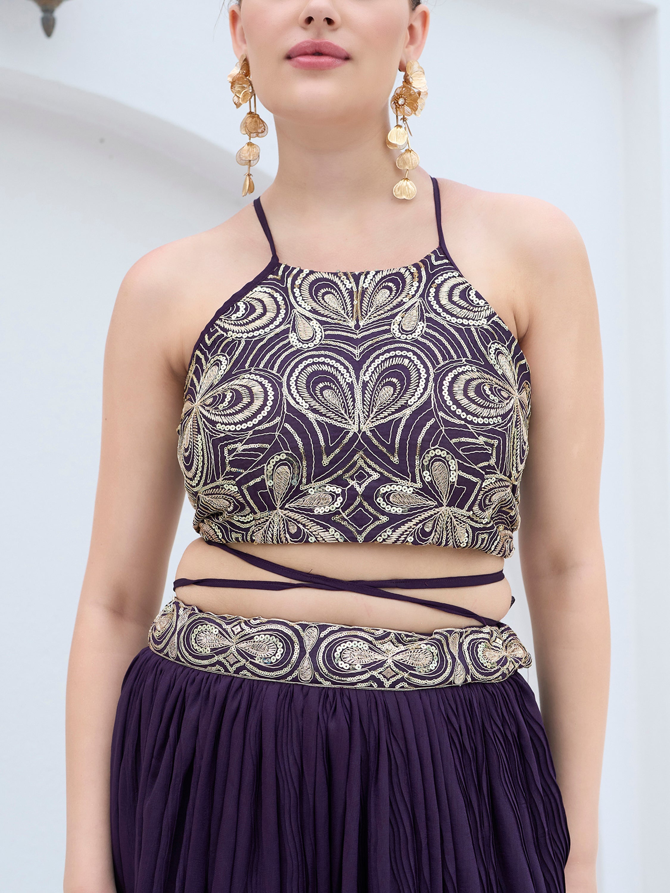 Women's Wine Silk Crape Lehengas