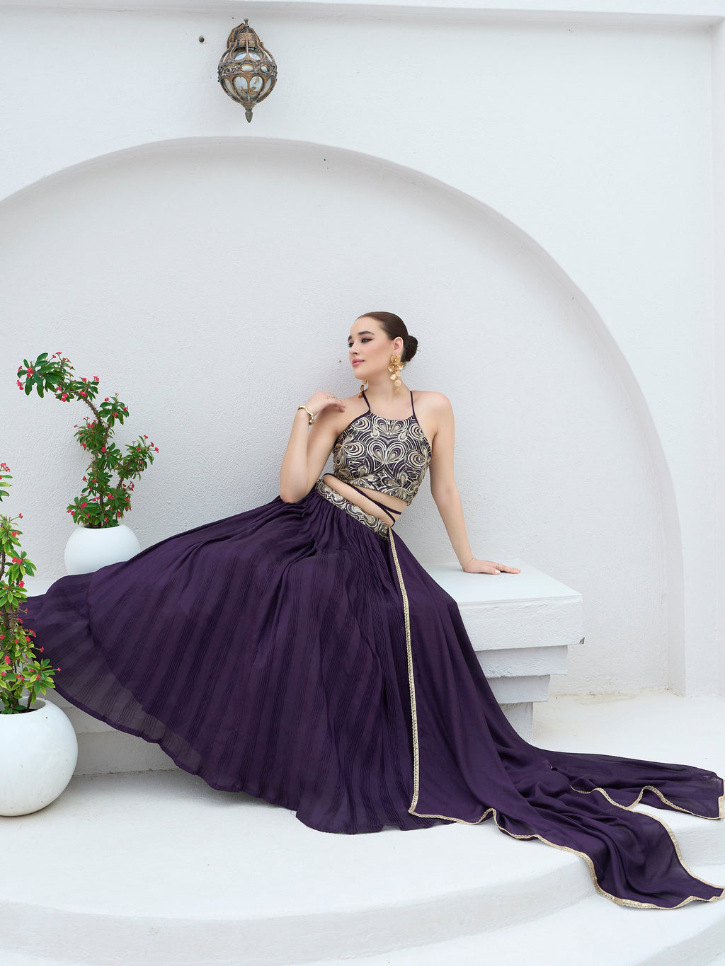 Women's Wine Silk Crape Lehengas