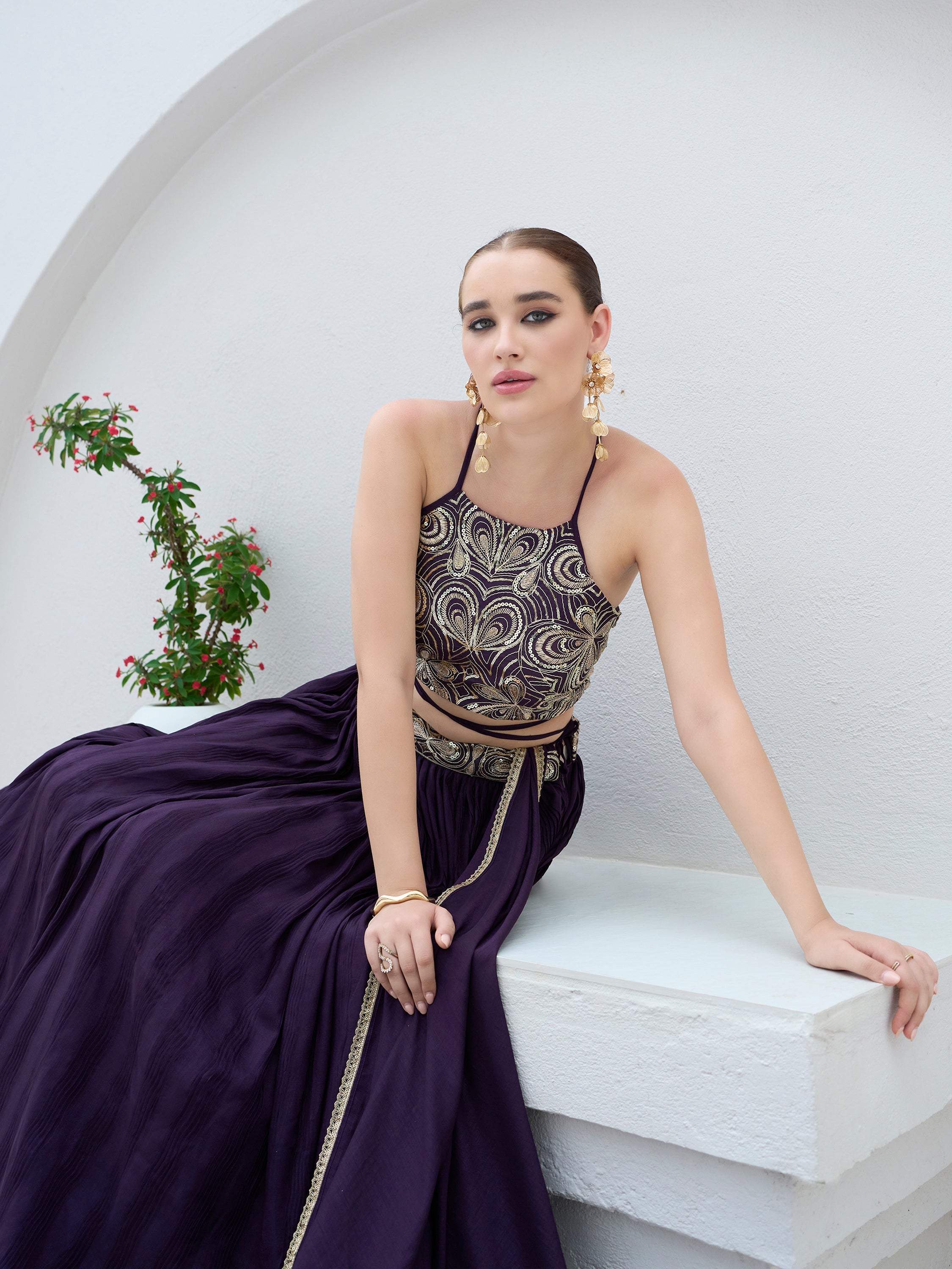 Women's Wine Silk Crape Lehengas