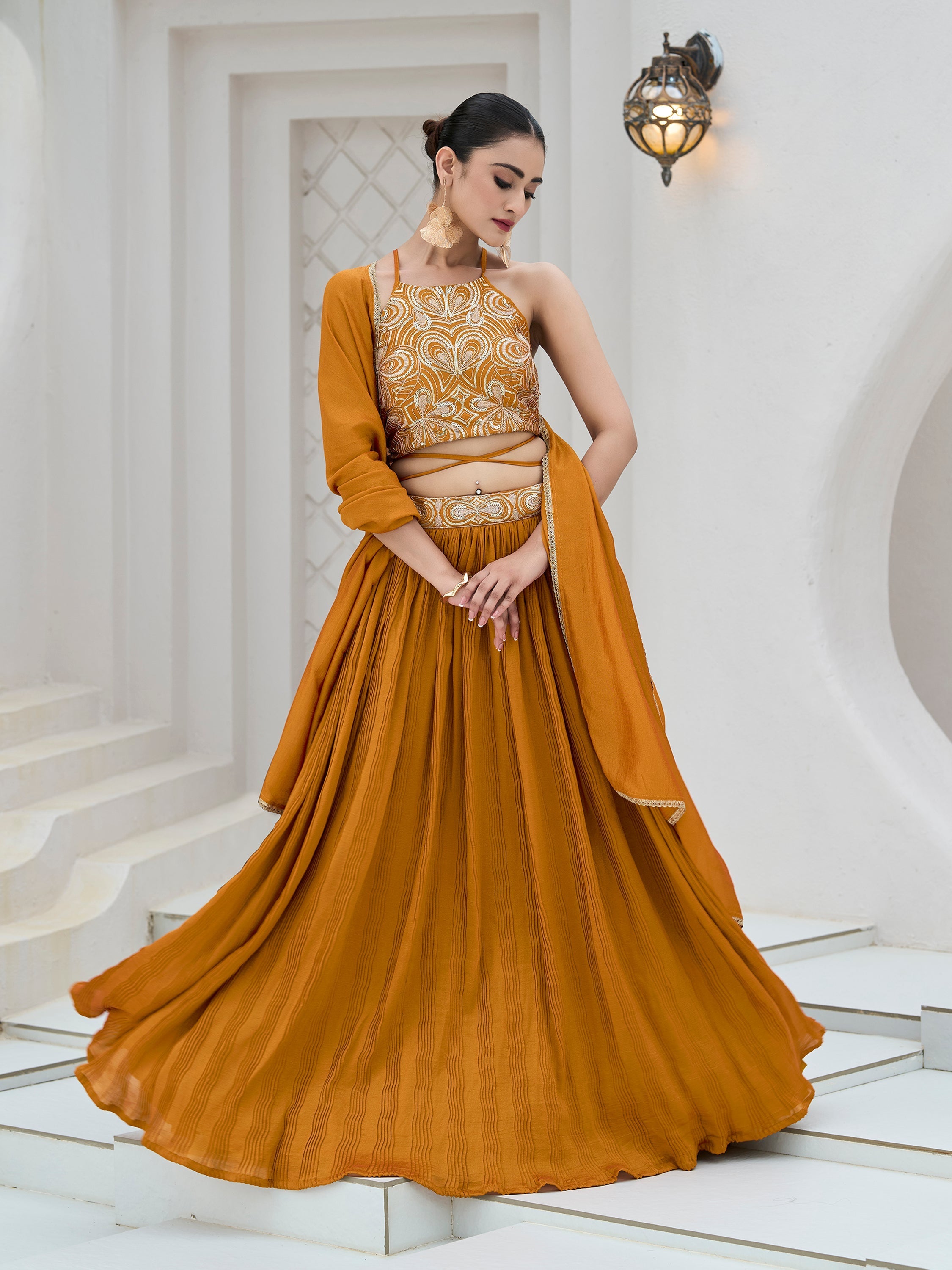 Women's Yellow Silk Crape Lehengas
