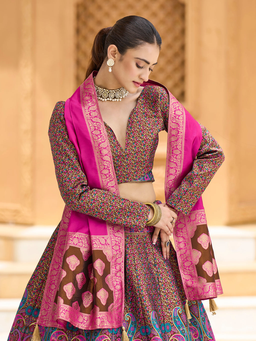 Women's Brown Kanjiwaram Lehengas
