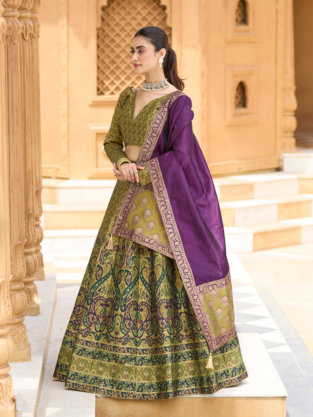 Women's Mehndi Kanjiwaram Lehengas