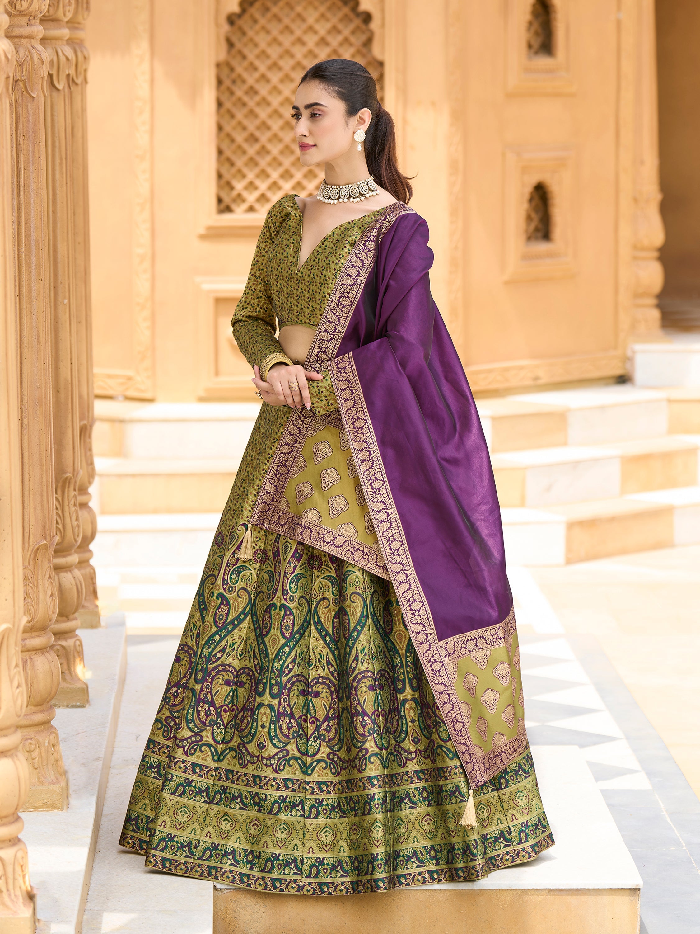 Women's Mehndi Kanjiwaram Lehengas