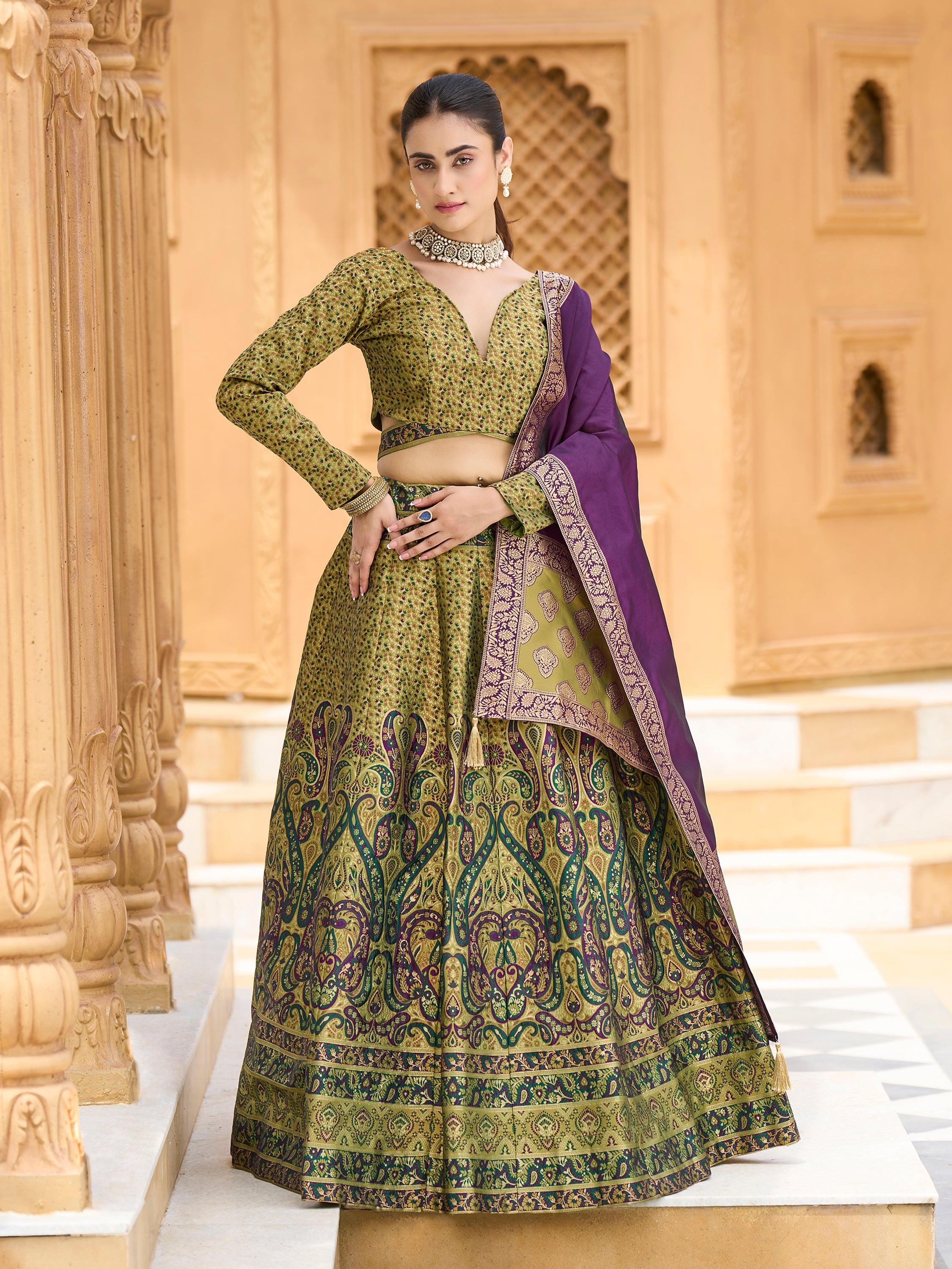 Women's Mehndi Kanjiwaram Lehengas