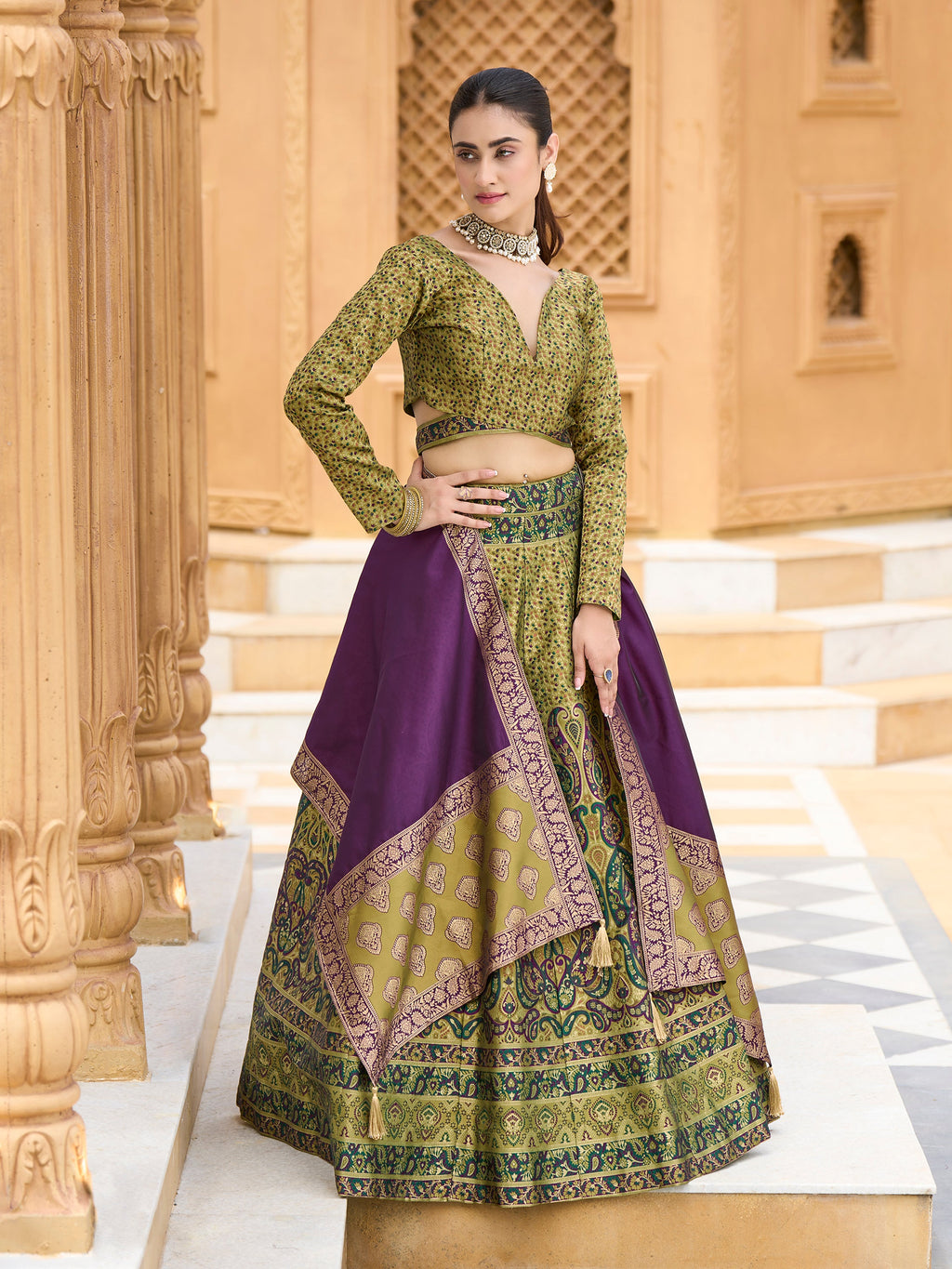 Women's Mehndi Kanjiwaram Lehengas