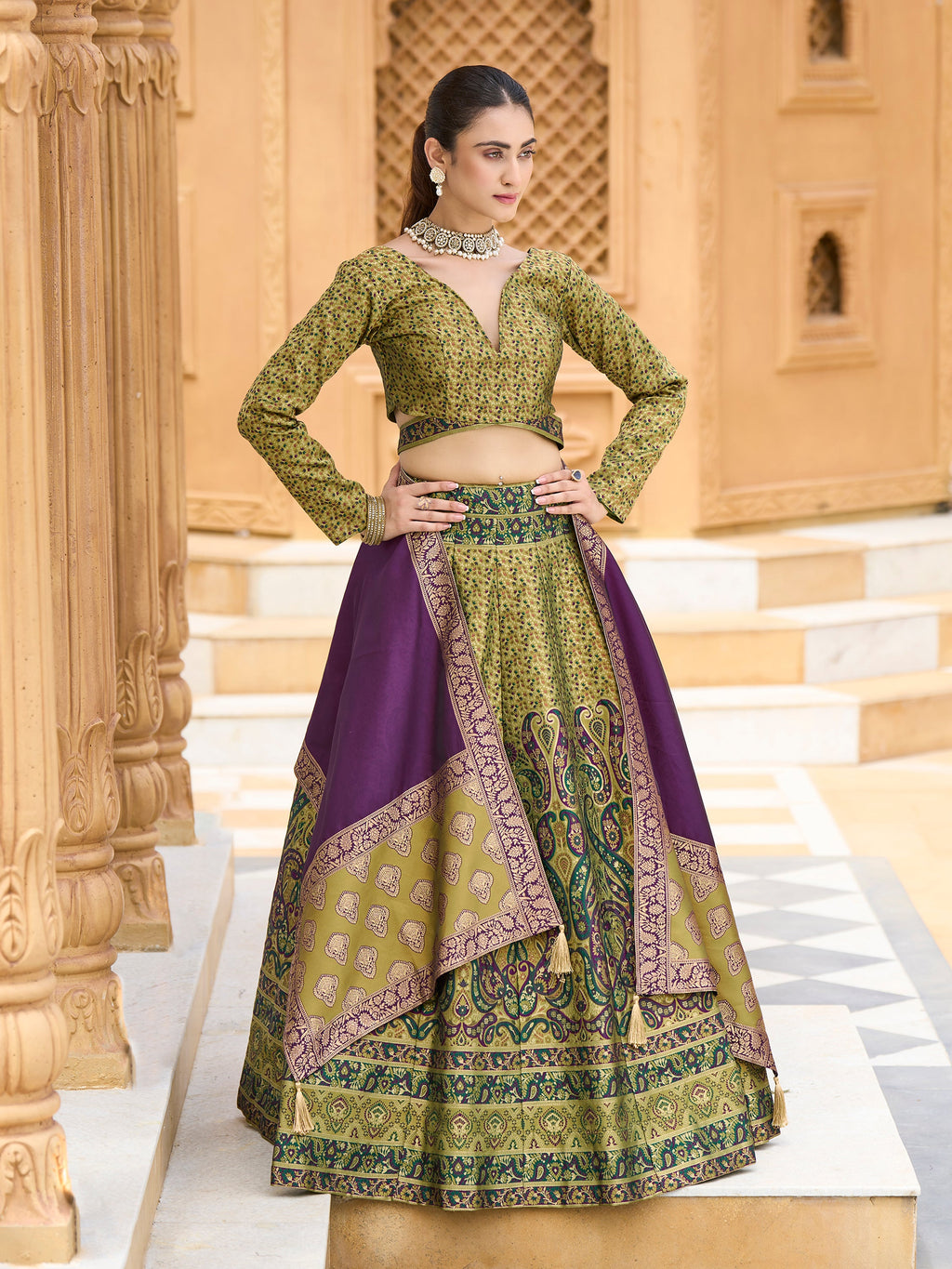 Women's Mehndi Kanjiwaram Lehengas