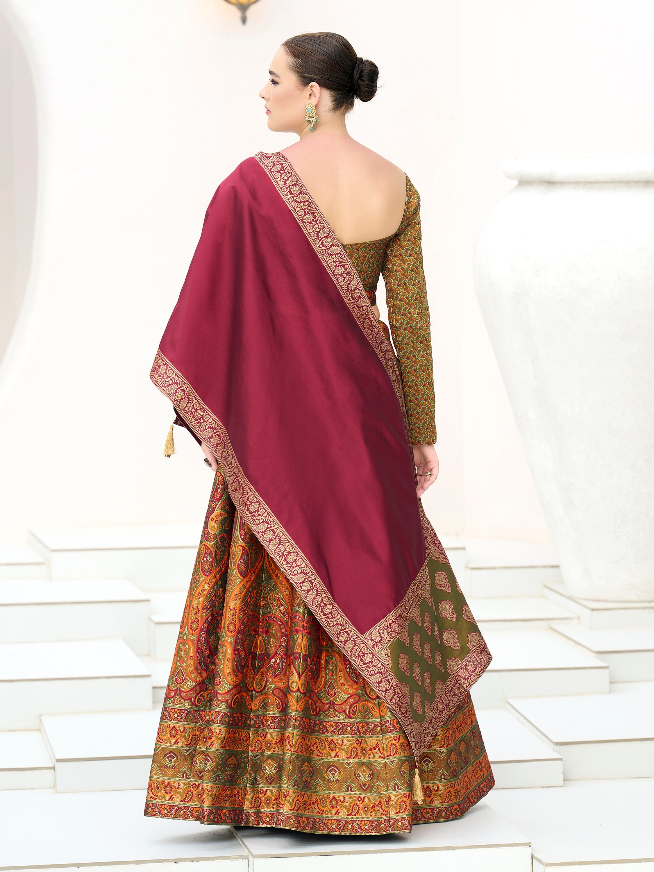 Women's Olive Kanjiwaram Lehengas
