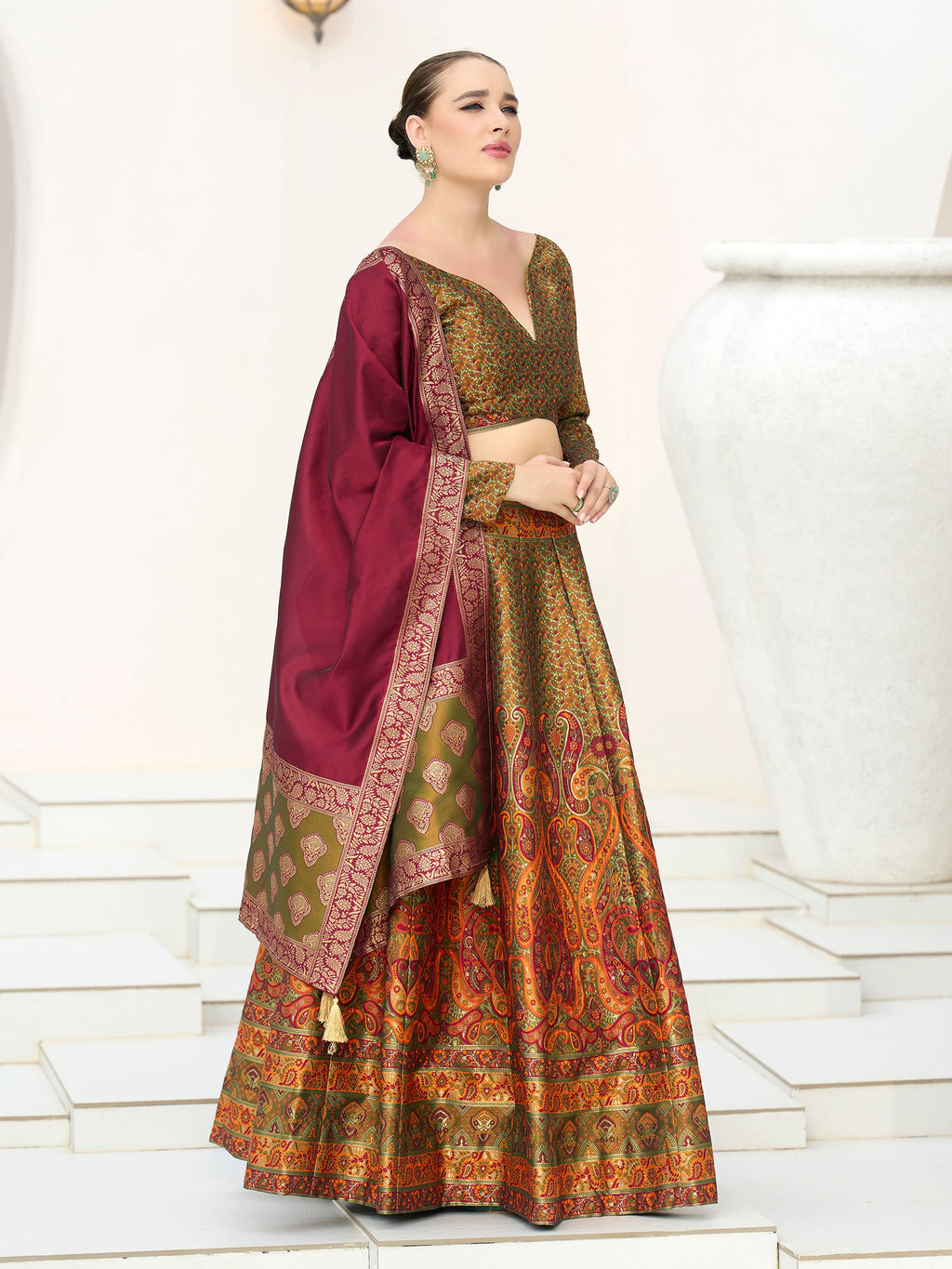 Women's Olive Kanjiwaram Lehengas