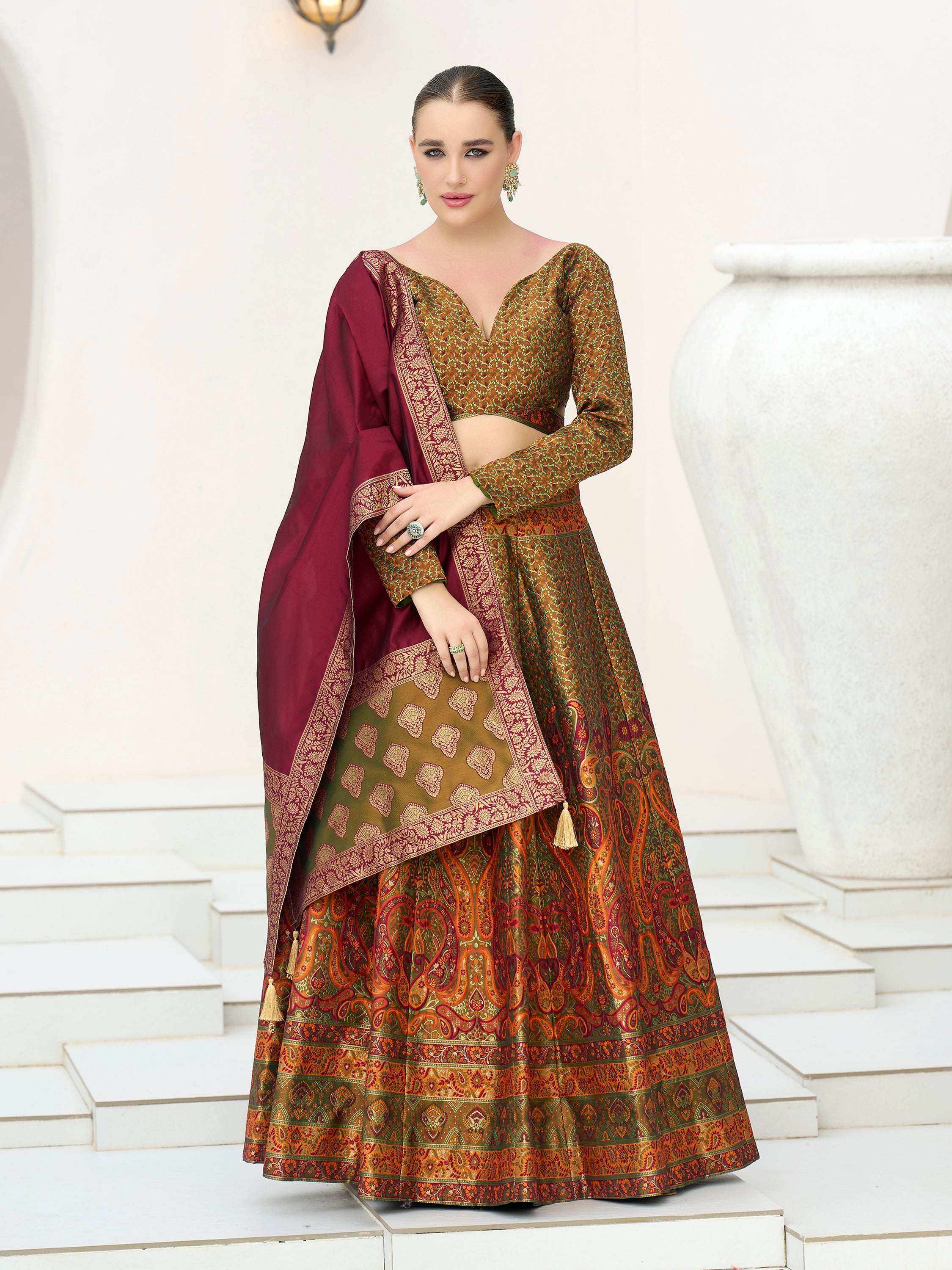 Women's Olive Kanjiwaram Lehengas