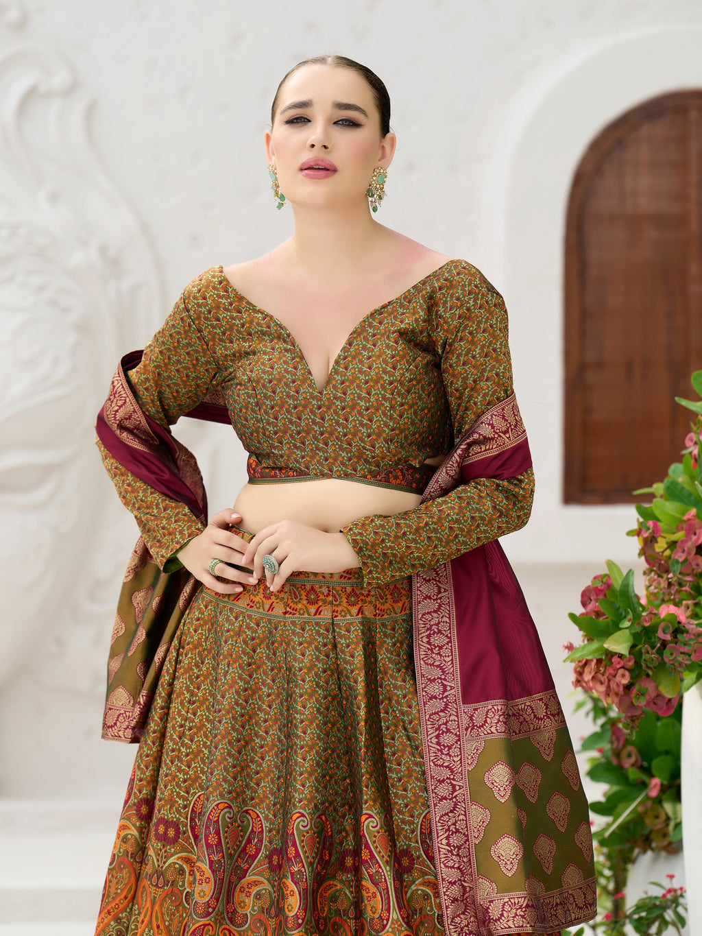 Women's Olive Kanjiwaram Lehengas