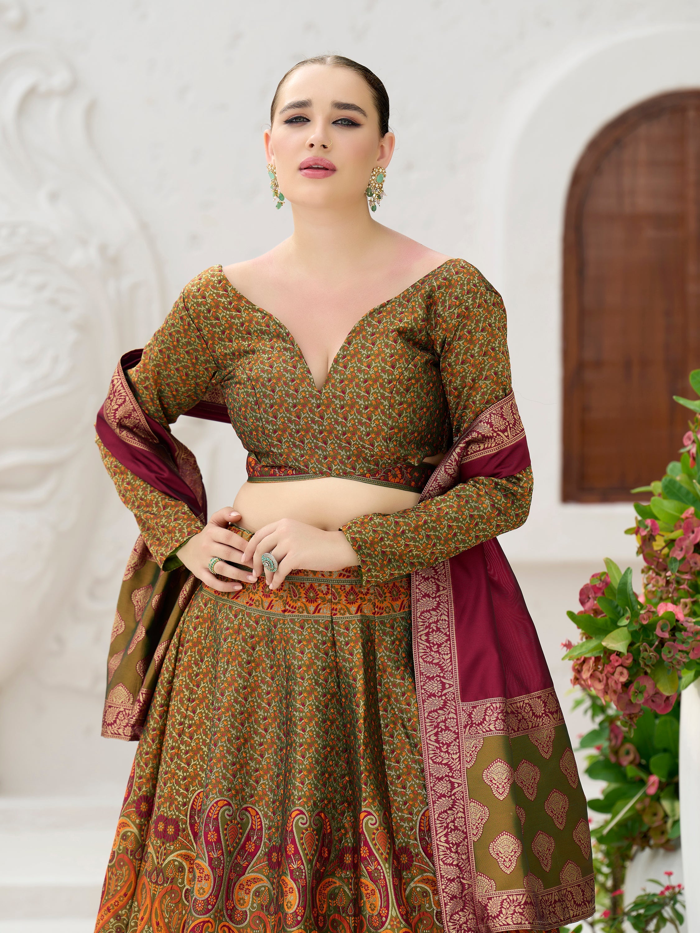 Women's Olive Kanjiwaram Lehengas