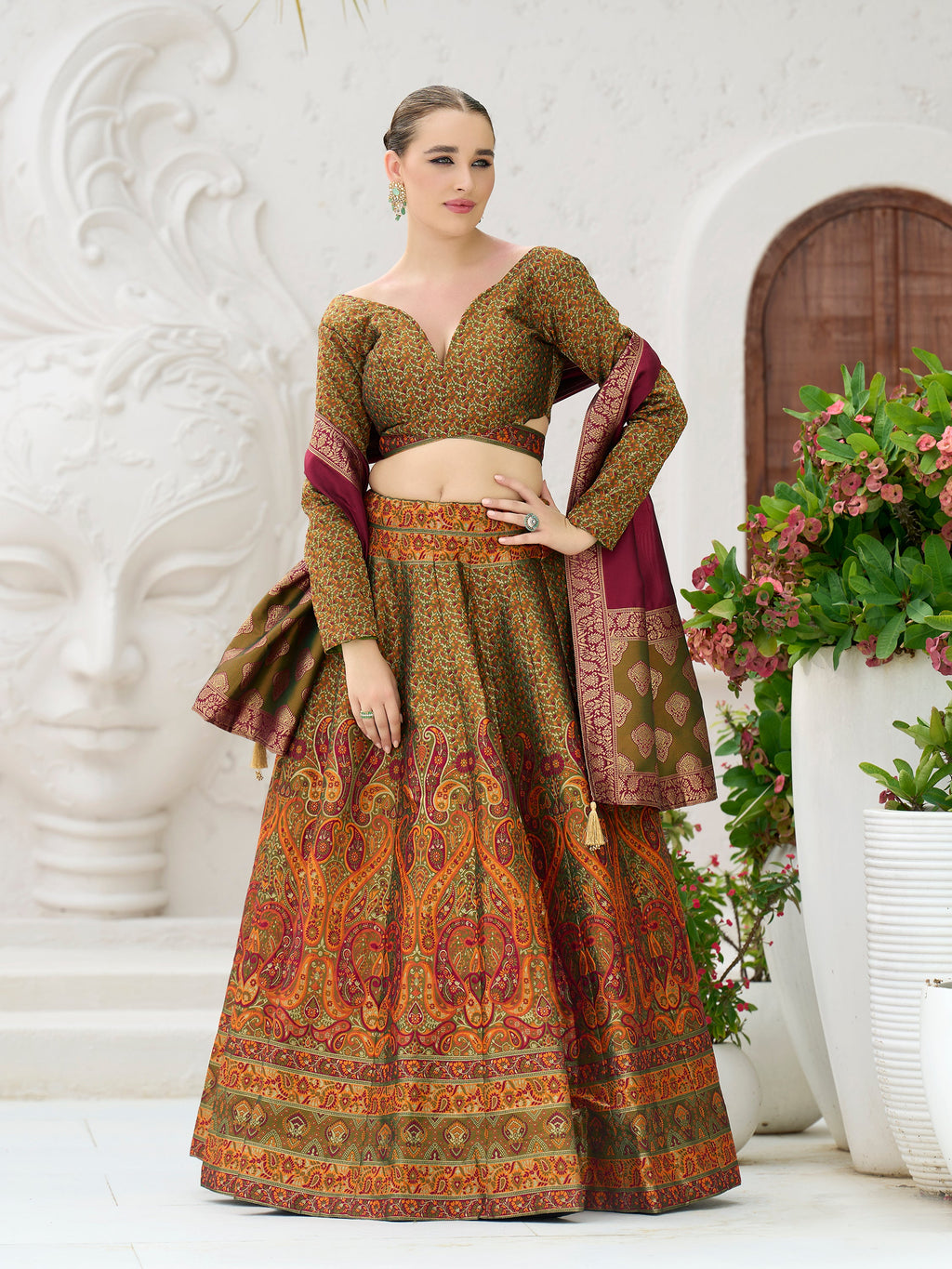 Women's Olive Kanjiwaram Lehengas