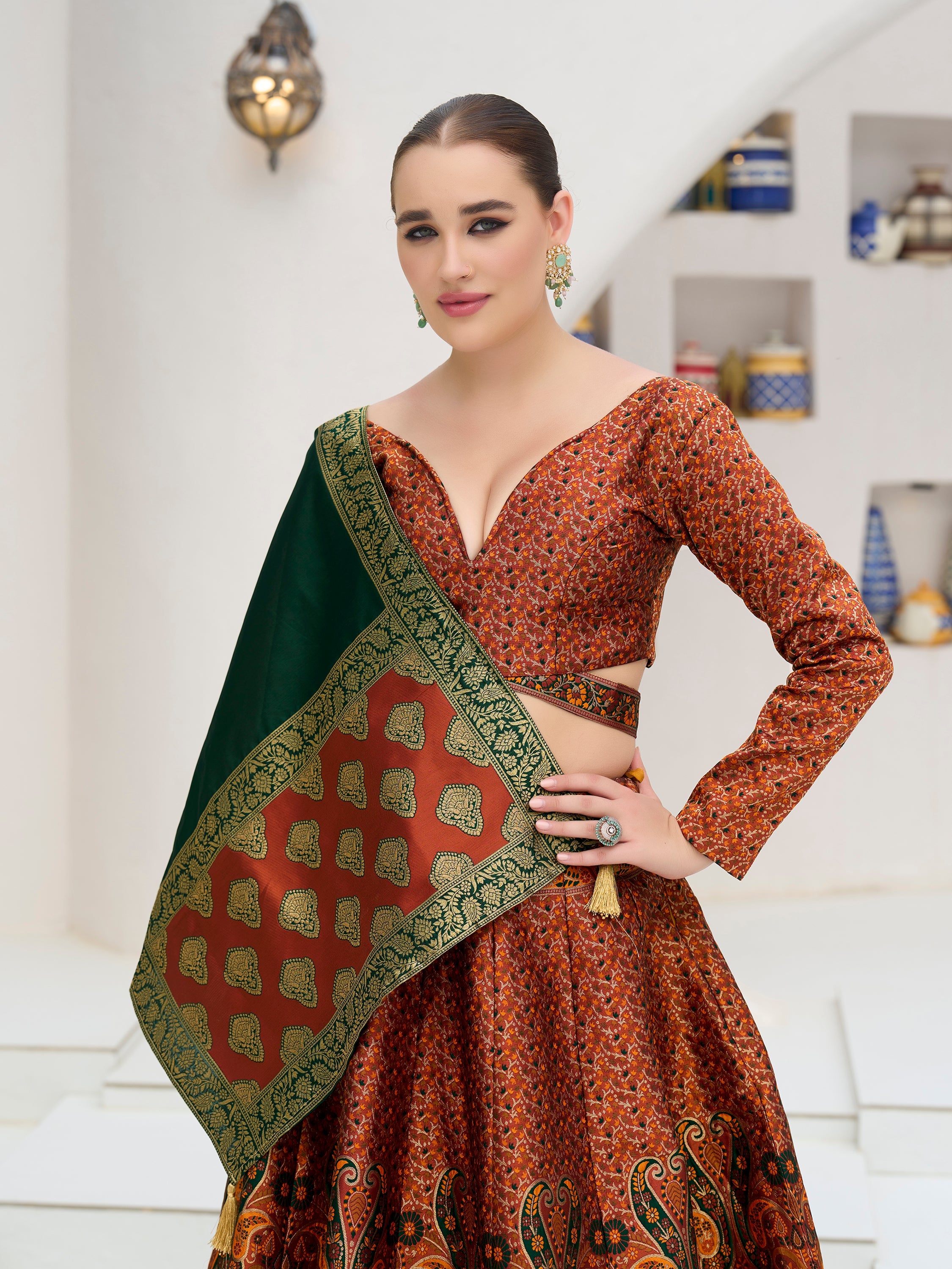 Women's Rust Kanjiwaram Lehengas