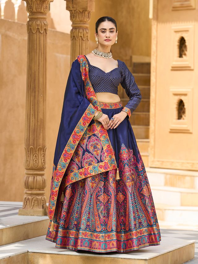 Women's Navy-Blue Jacquard Crape Lehengas