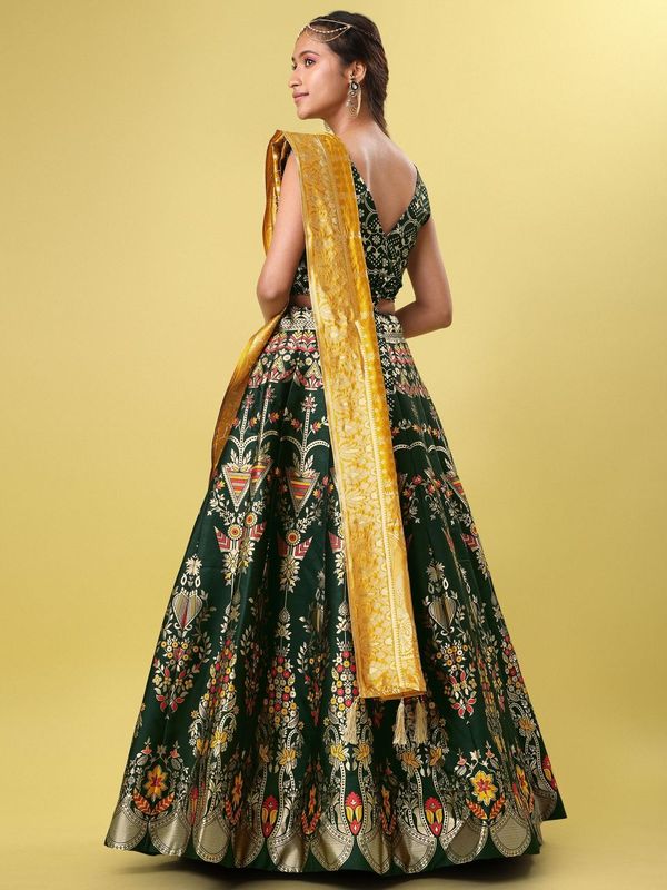 Women Dark Green Floral Print Lehenga