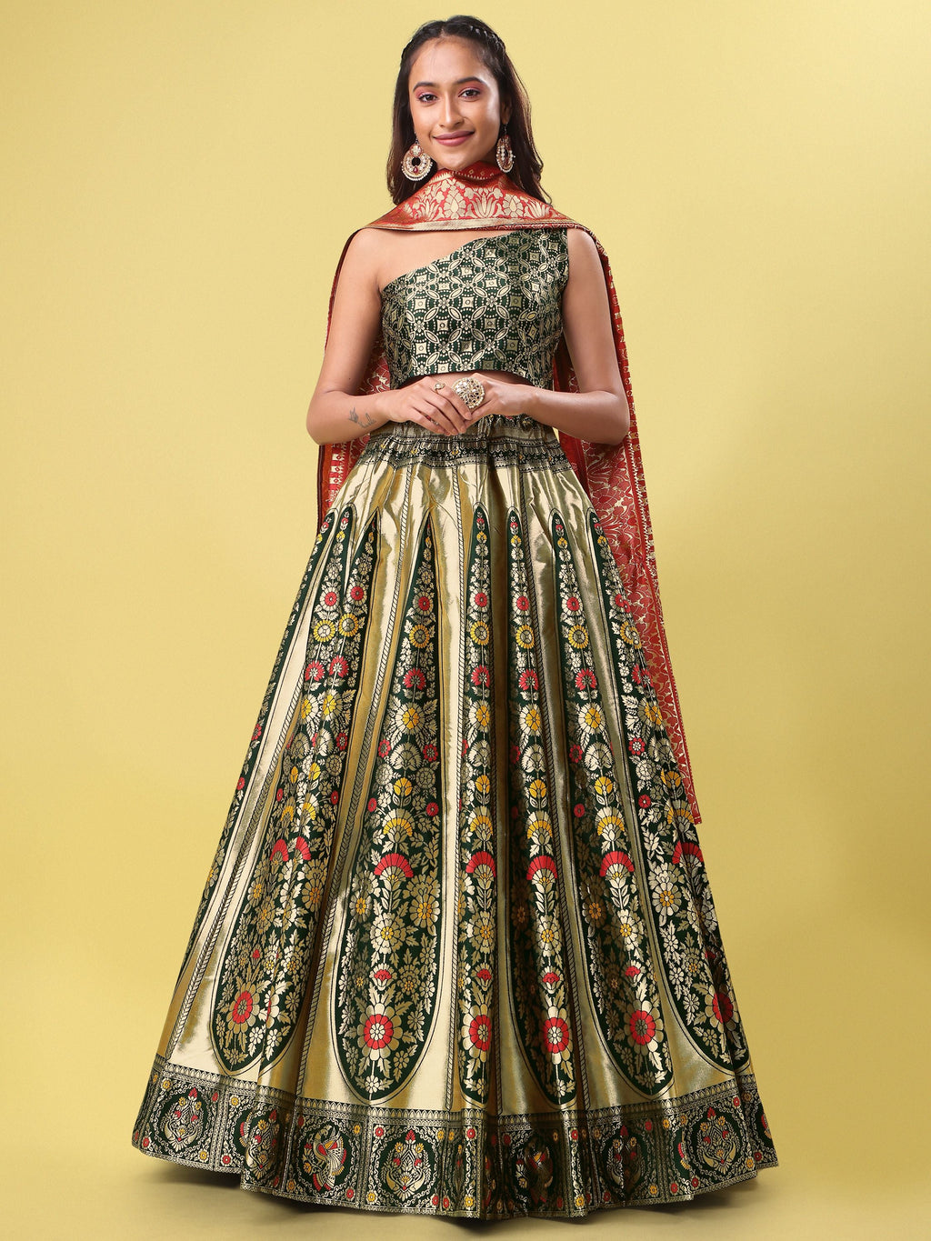 Women Green Floral Print Lehenga