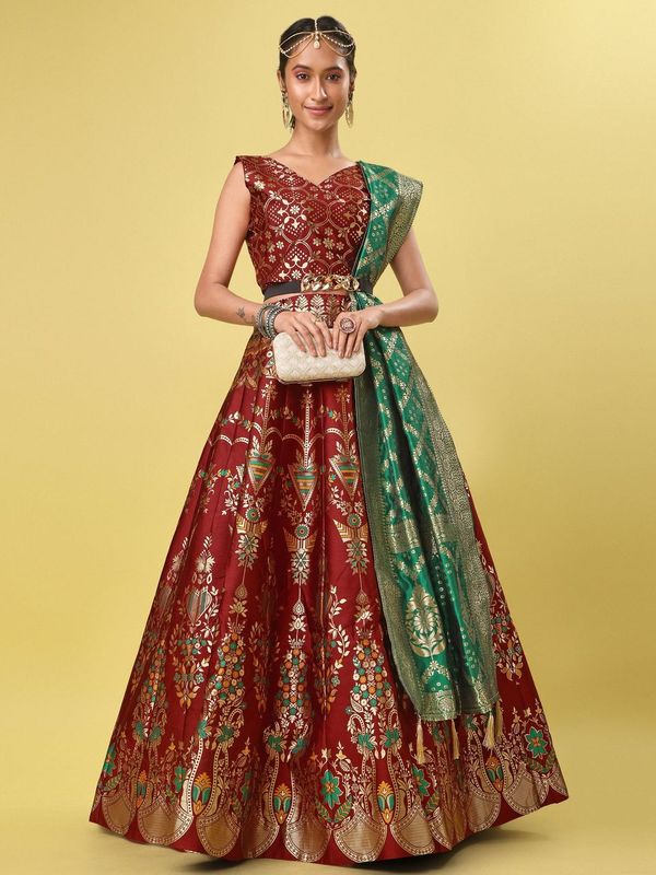 Women Maroon Floral Print Lehenga