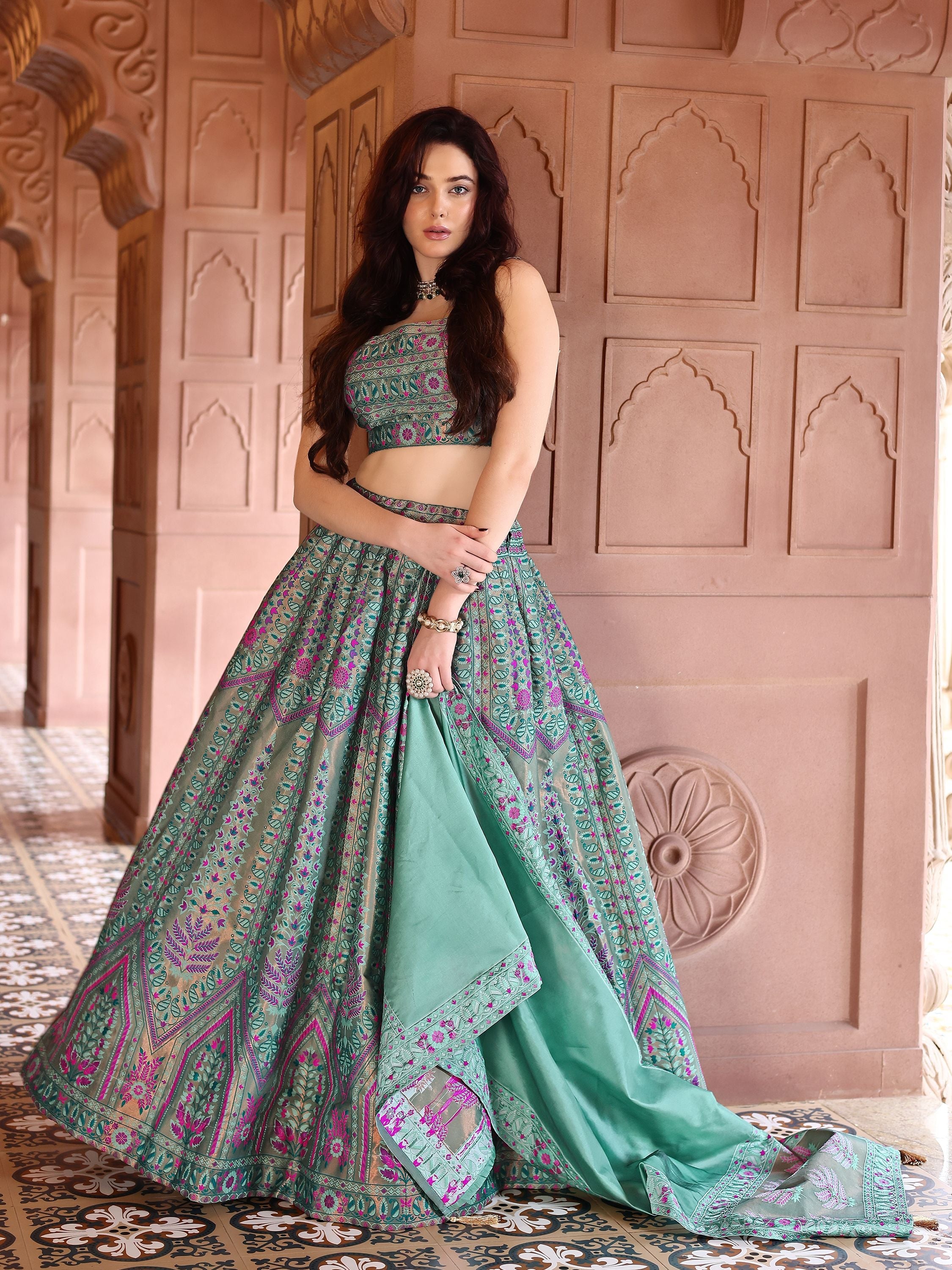 Kanjivaram Lehenga Choli See Green Woven Motifs